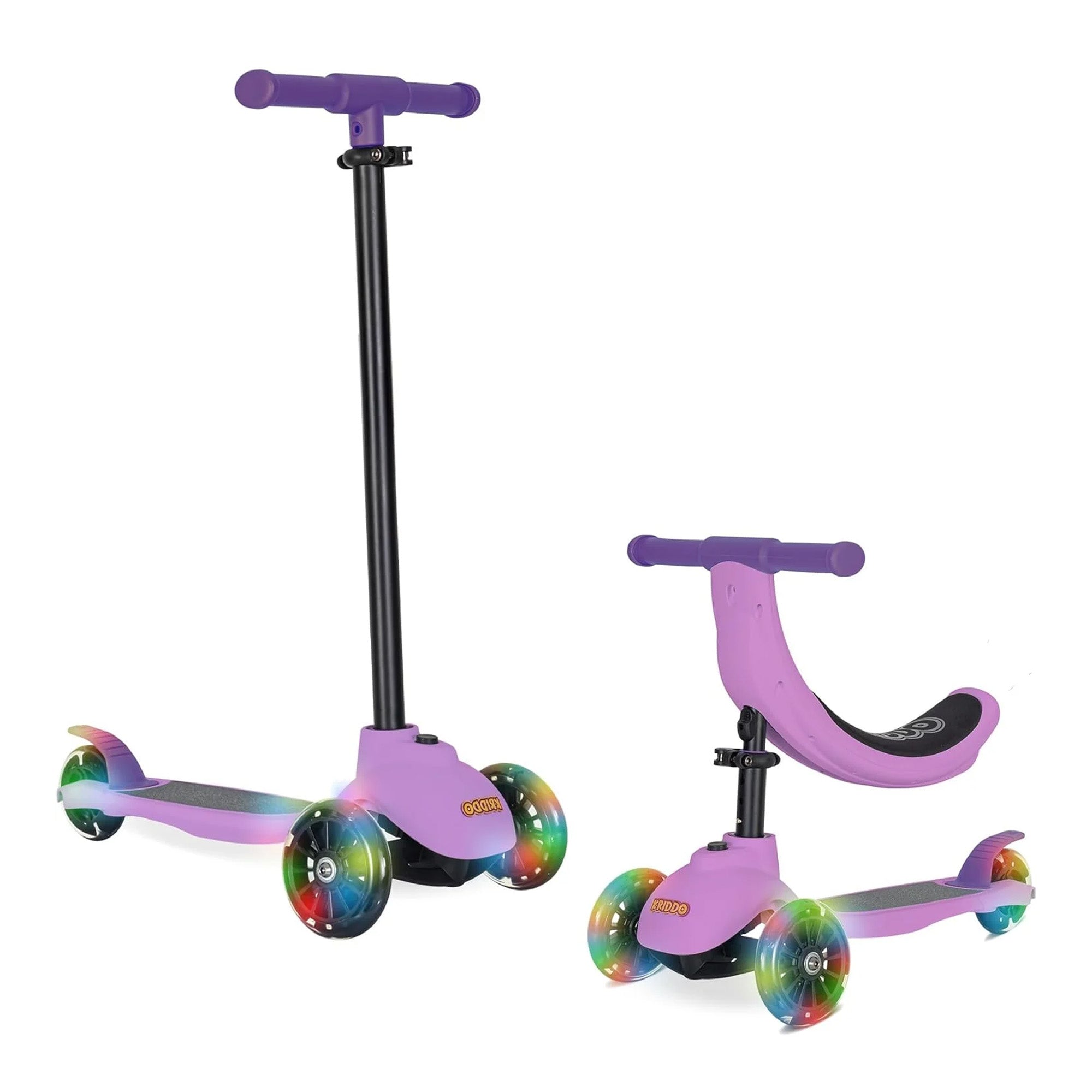 KRIDDO Kids Scooters with Removable Seat for 1.5 to 5 Years Old 5-in-1 Purple