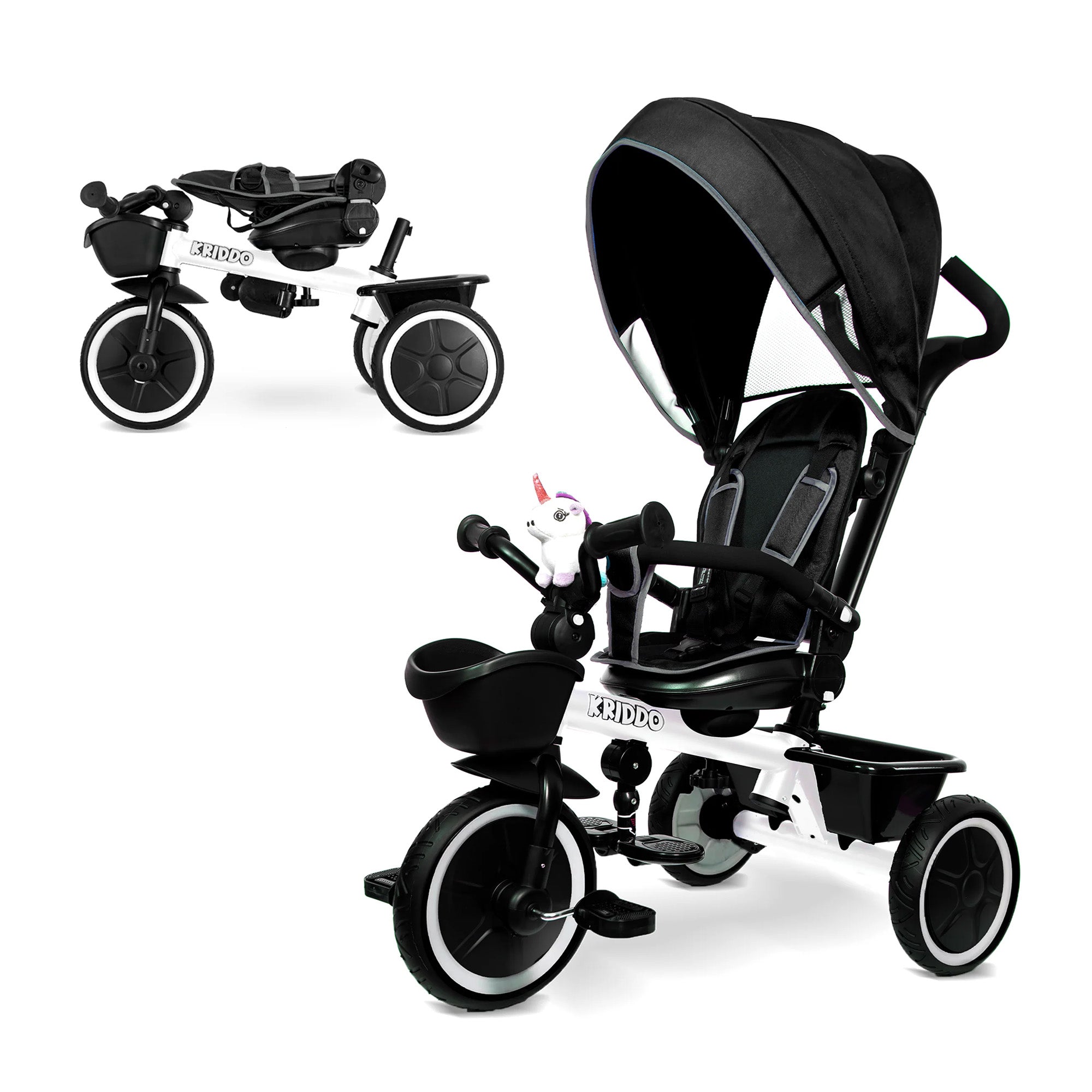KRIDDO 7-in-1 Kids Tricycle Stroller with Push Handle for 18 Months to 5 Years Old White