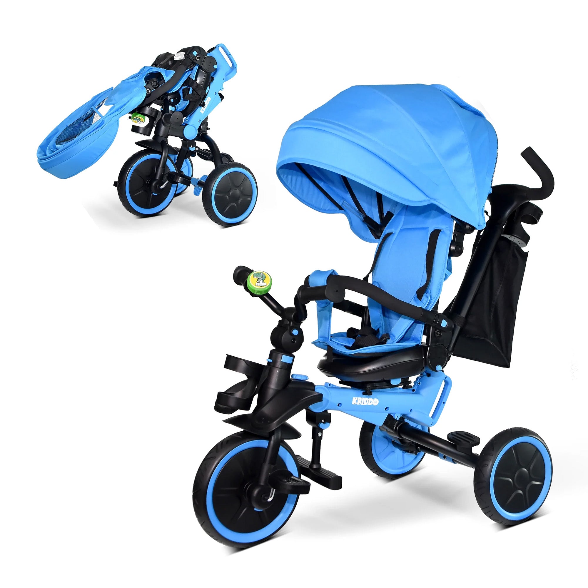 KRIDDO 8-in-1 Kids Stroller Tricycle with bell and Adjustable Seat for 18 Months to 5 Years Old Blue