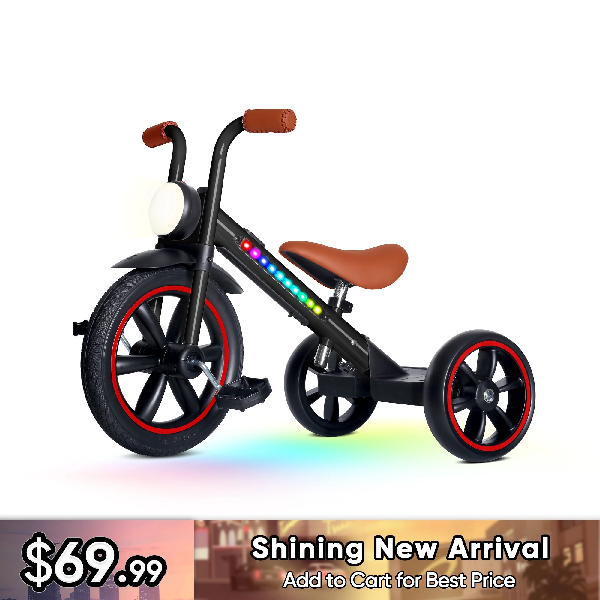 KRIDDO Kids Motorbike Style Light Up Tricycle with Front Light for 2 to 5 Years Old Black