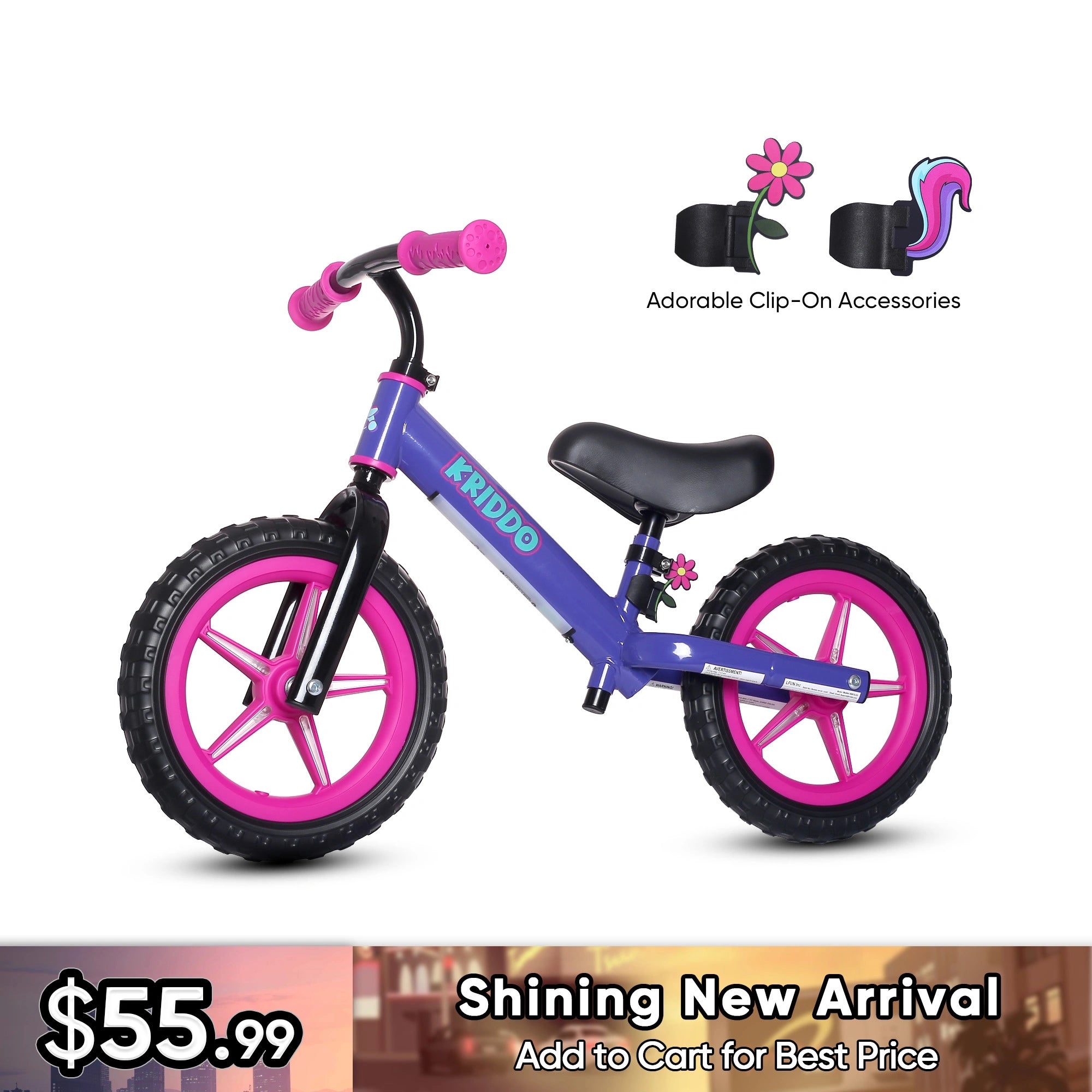 KRIDDO Toddler Light Up Balance Bike With Cute Accessories For 2-5 Years Old Purple