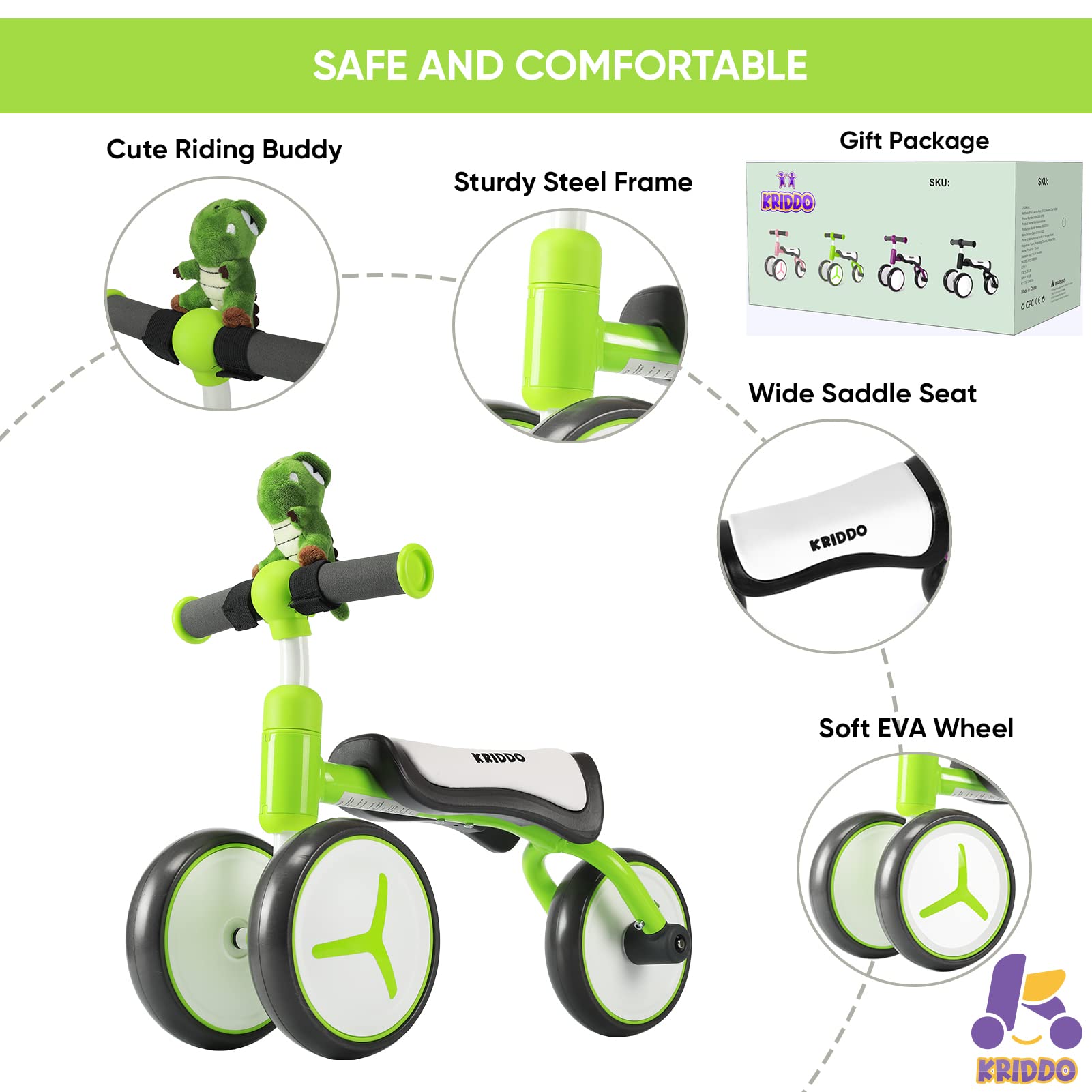 KRIDDO Baby Balance Bike for 1-2 Year Old Boy and Girl, Toddler Mini Bike for One Year Old First Birthday Gifts Baby Toys 12 Months to 2 Year Old Ride-on Toys Gifts Indoor Outdoor Balance Bike