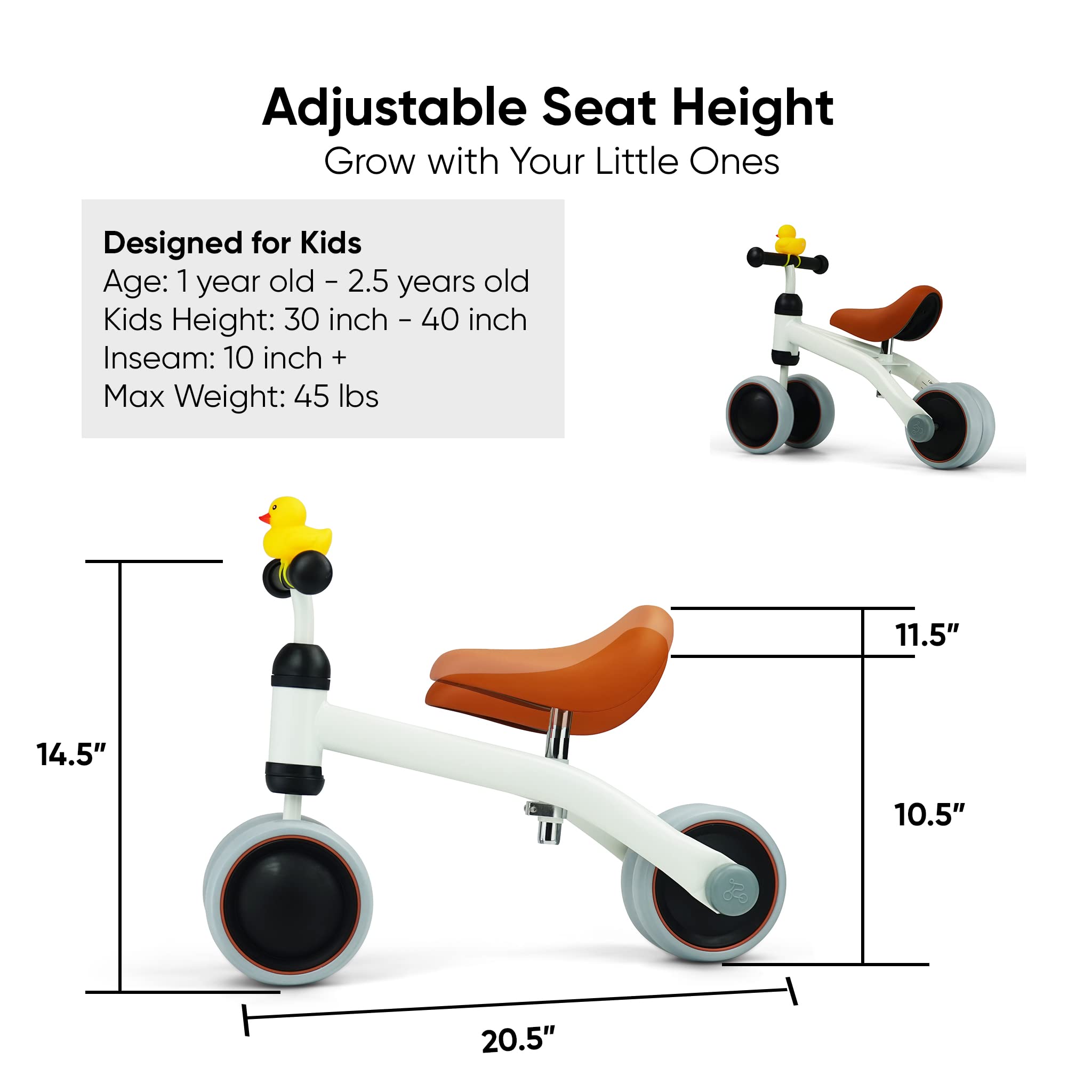 KRIDDO Baby Balance Bike for 1-2 Year Old Boy and Girl Gifts, Toddler Bike with Duck Bell for One Year Old First Birthday Gifts Baby Toys 12 Months to 3 Year Old, White