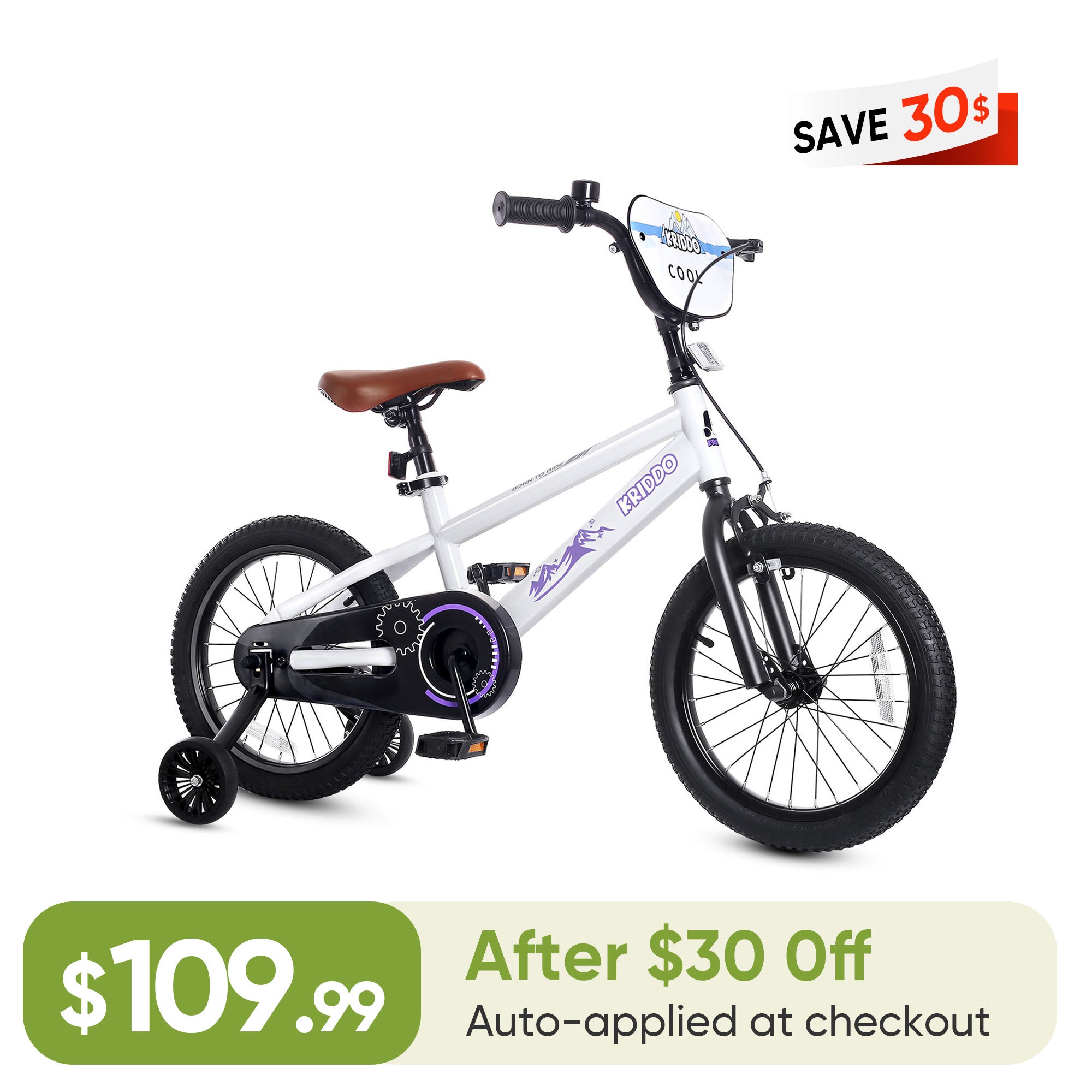 KRIDDO 16 Inch Bike with Training Wheels for 4 to 8 Years Old White