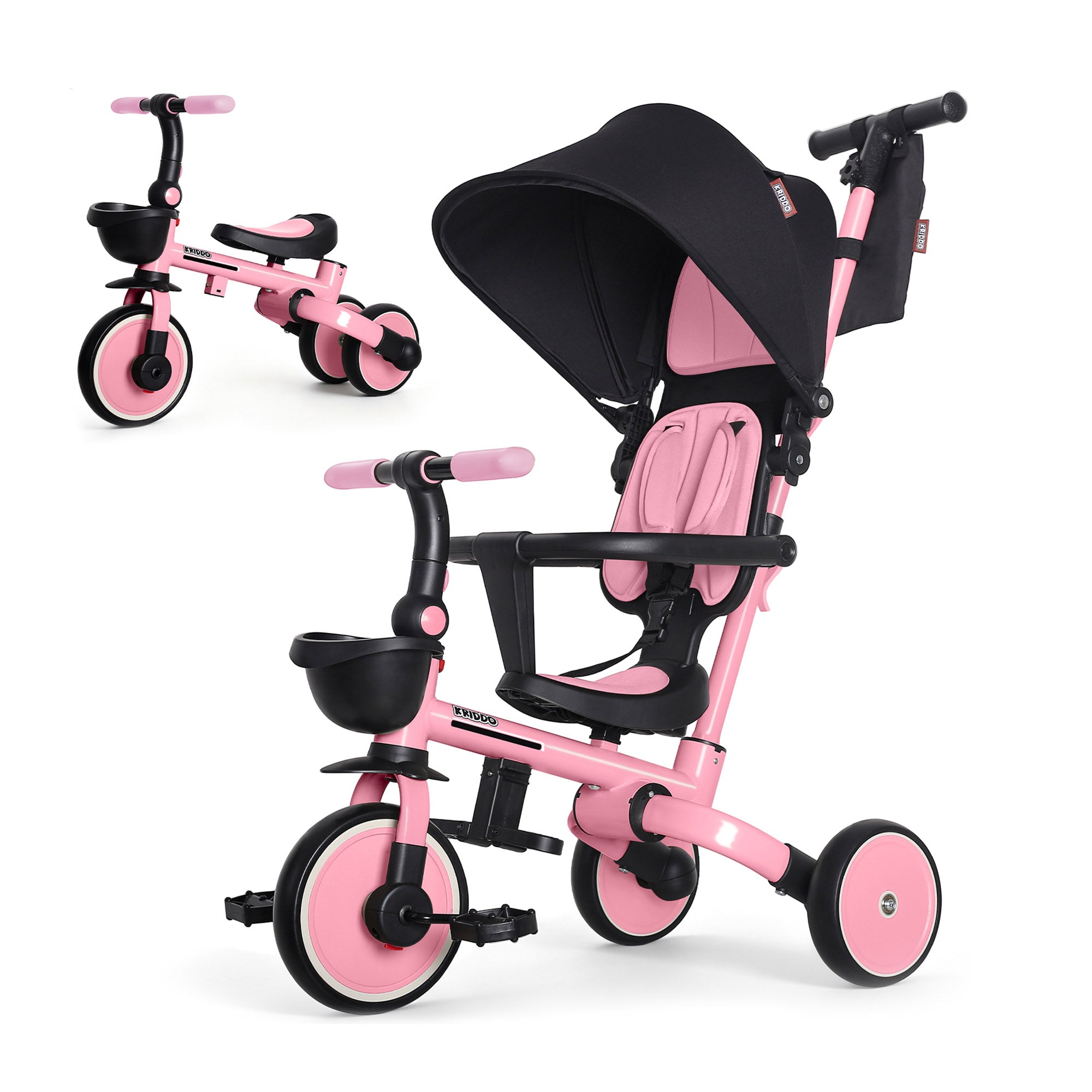 KRIDDO 13-in-1 Convertible & Foldable Tricycle Stroller Pink