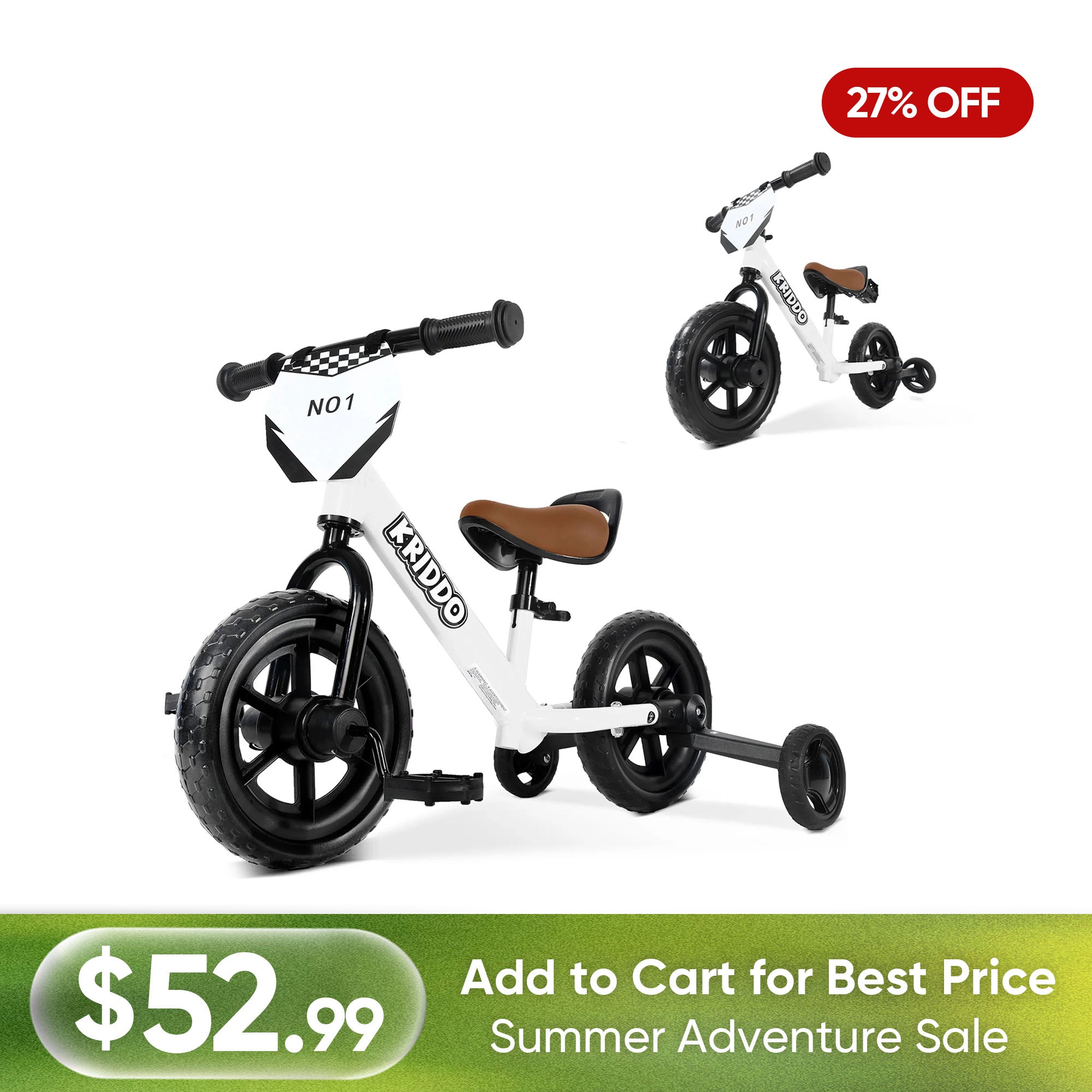 KRIDDO Convertible Balance Bike with Training Wheels for Ages 18 Months to 3 Years White