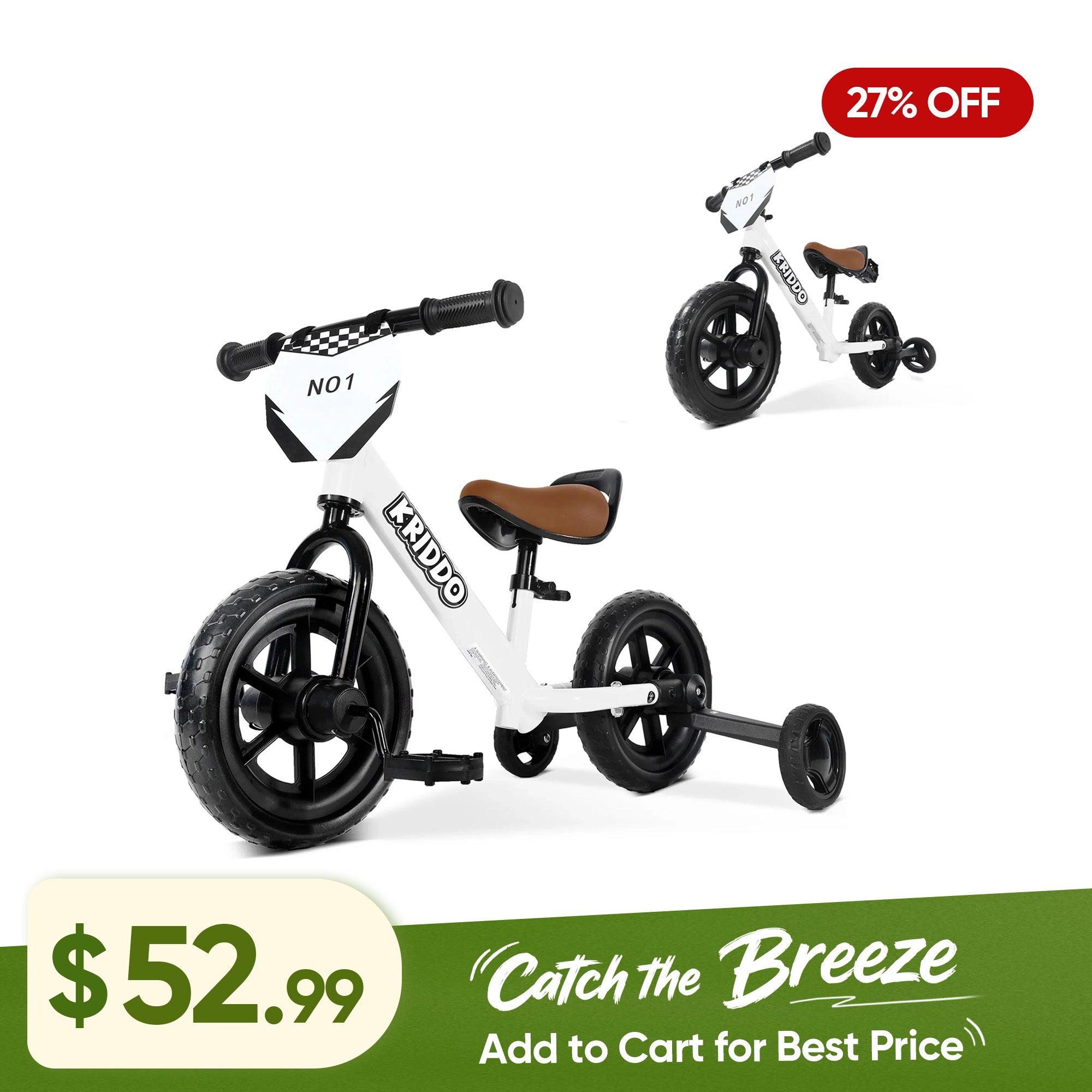 KRIDDO Convertible Balance Bike with Training Wheels for Ages 18 Months to 3 Years White