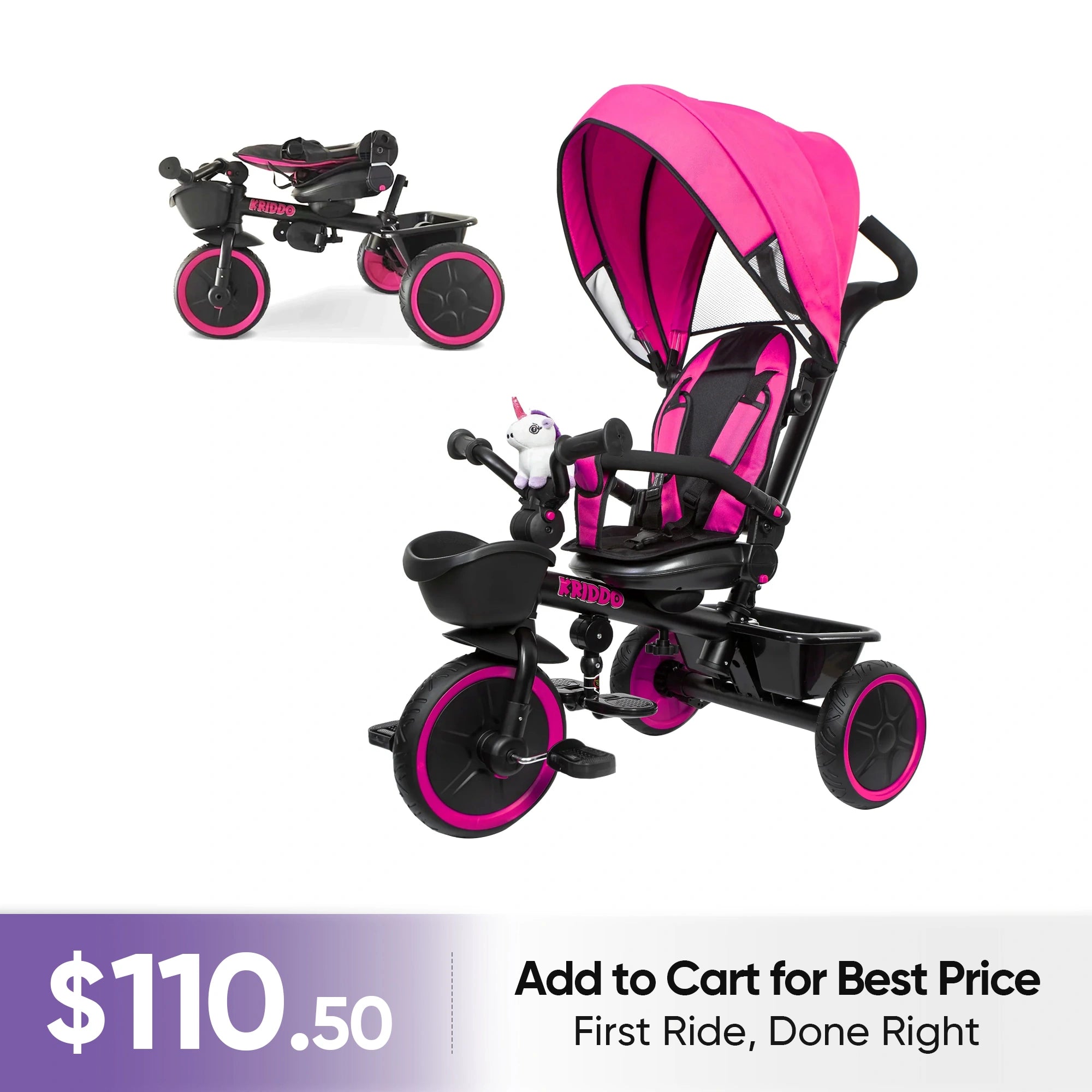 KRIDDO 7-in-1 Kids Tricycle Stroller with Push Handle for 18 Months to 5 Years Old Pink