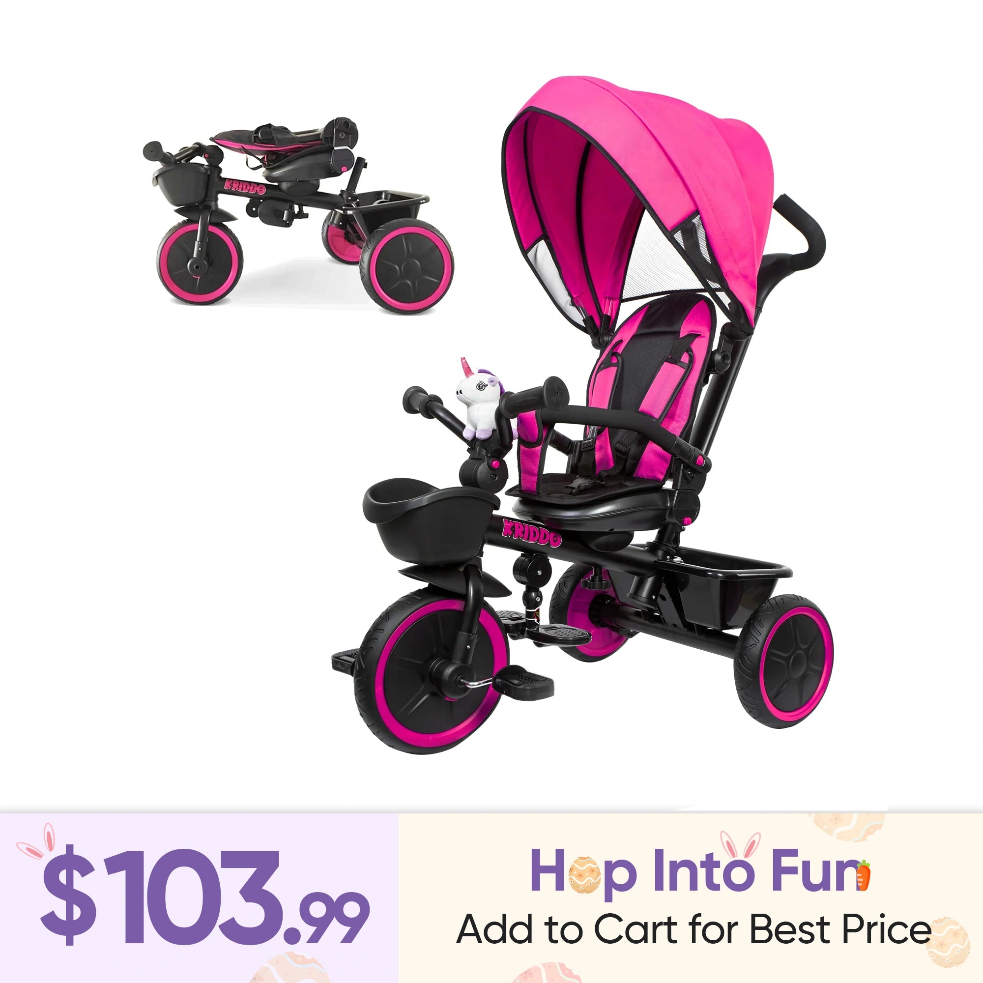 KRIDDO 7-in-1 Kids Tricycle Stroller with Push Handle for 18 Months to 5 Years Old Pink