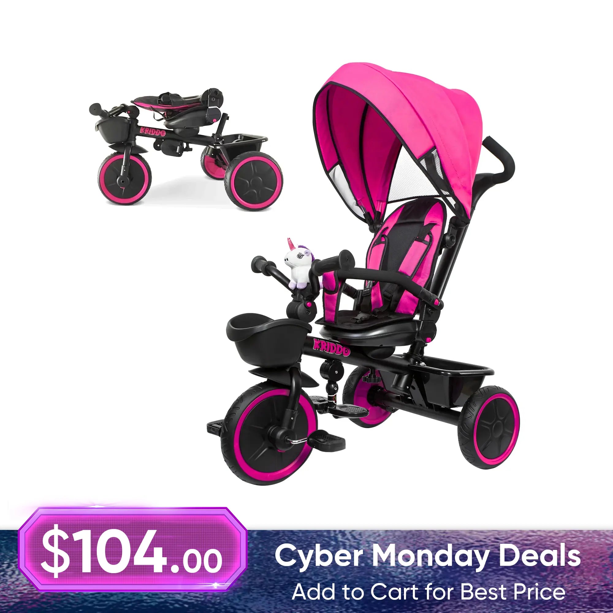 KRIDDO 7-in-1 Kids Tricycle Stroller for 18 Months to 5 Years Old Pink