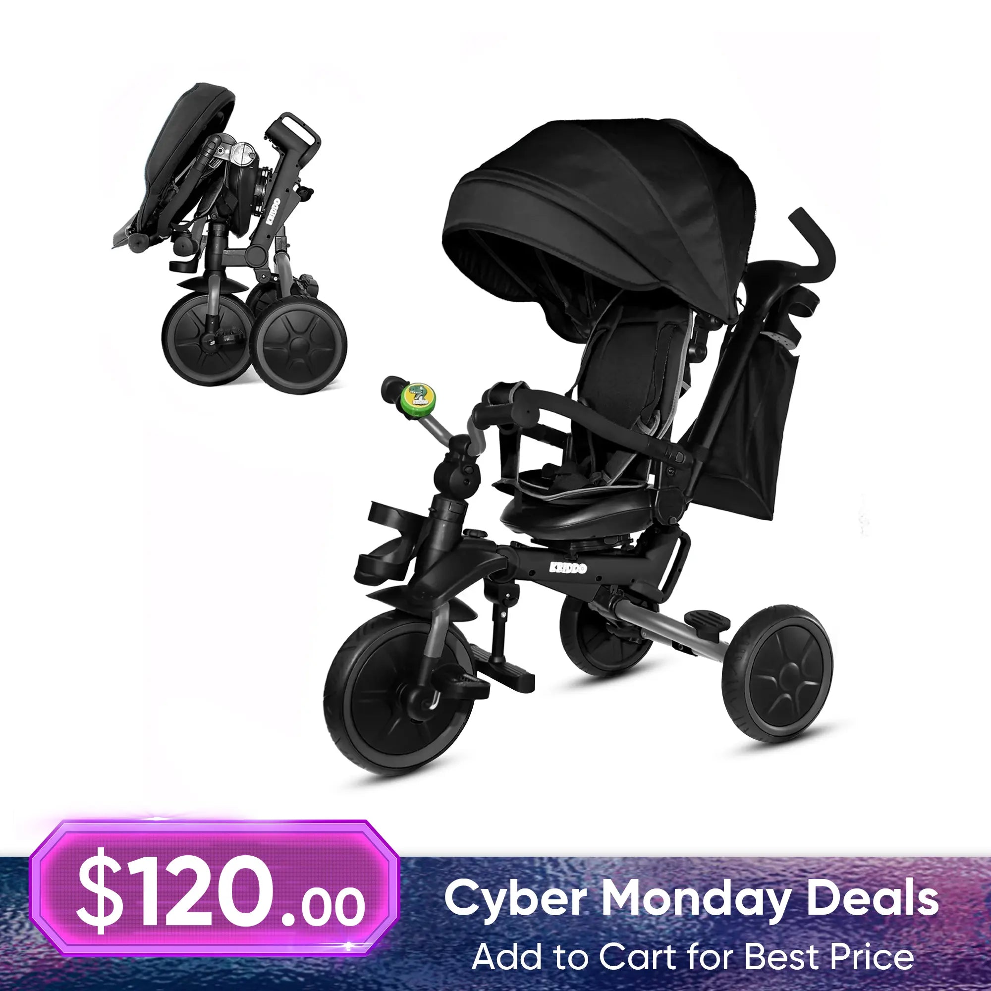 KRIDDO 8-in-1 Kids Stroller Tricycle with bell and Adjustable Seat for 18 Months to 5 Years Old Black