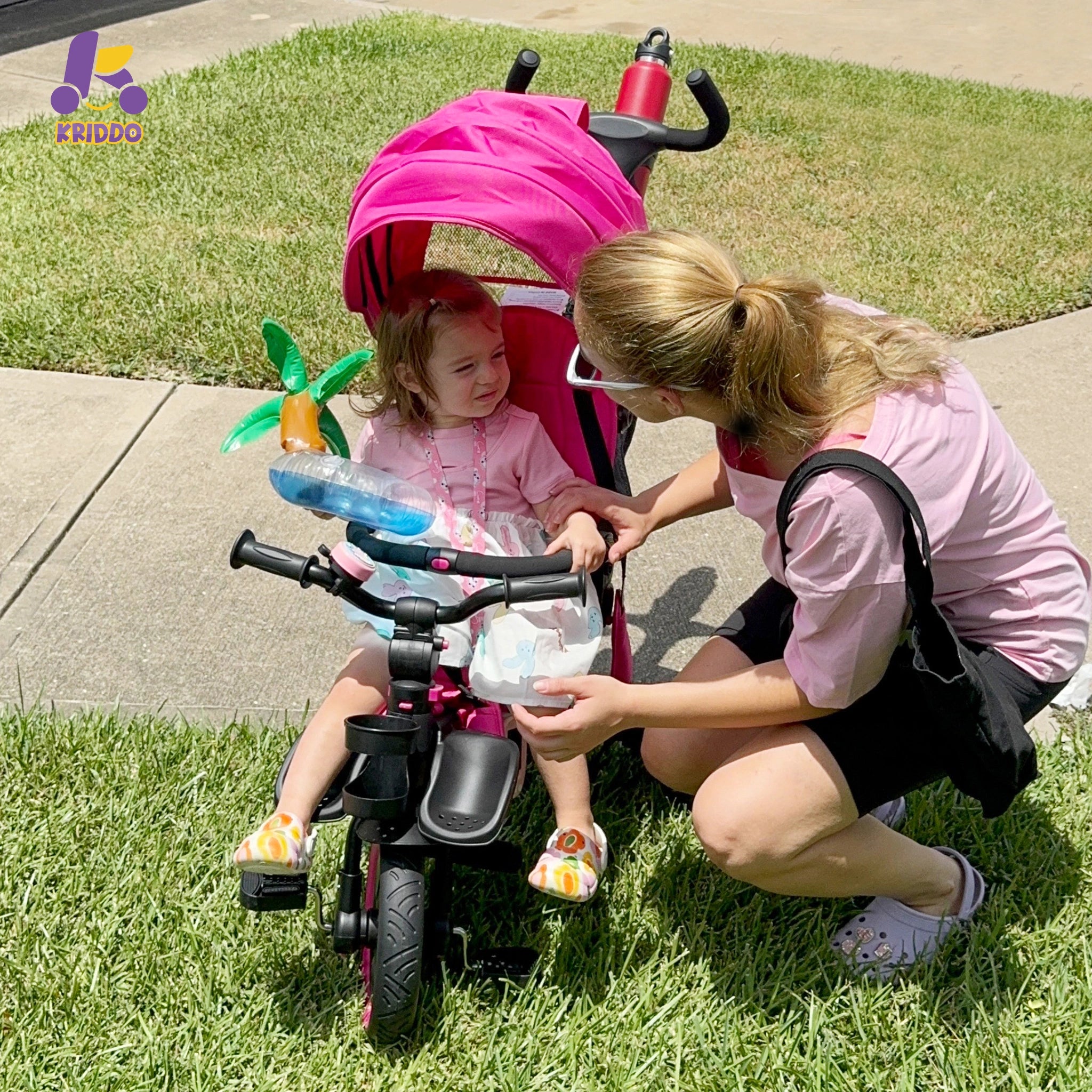KRIDDO 8-in-1 Kids Tricycle with bell and Adjustable Seat for 18 Months to 5 Years Old Pink