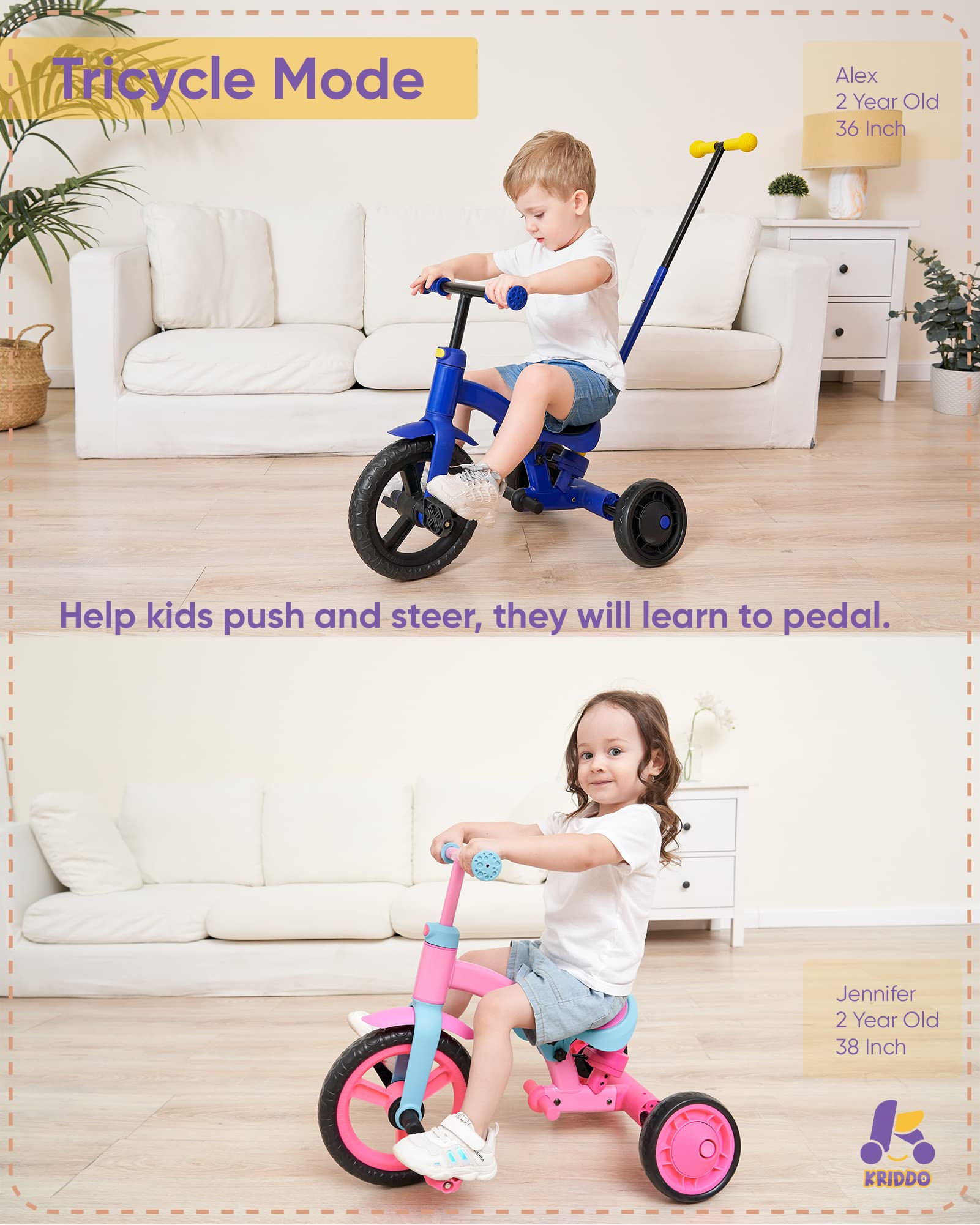 KRIDDO 4 in 1 Kids Tricycle for 1.5 to 3 Yea Old with Parent Steering