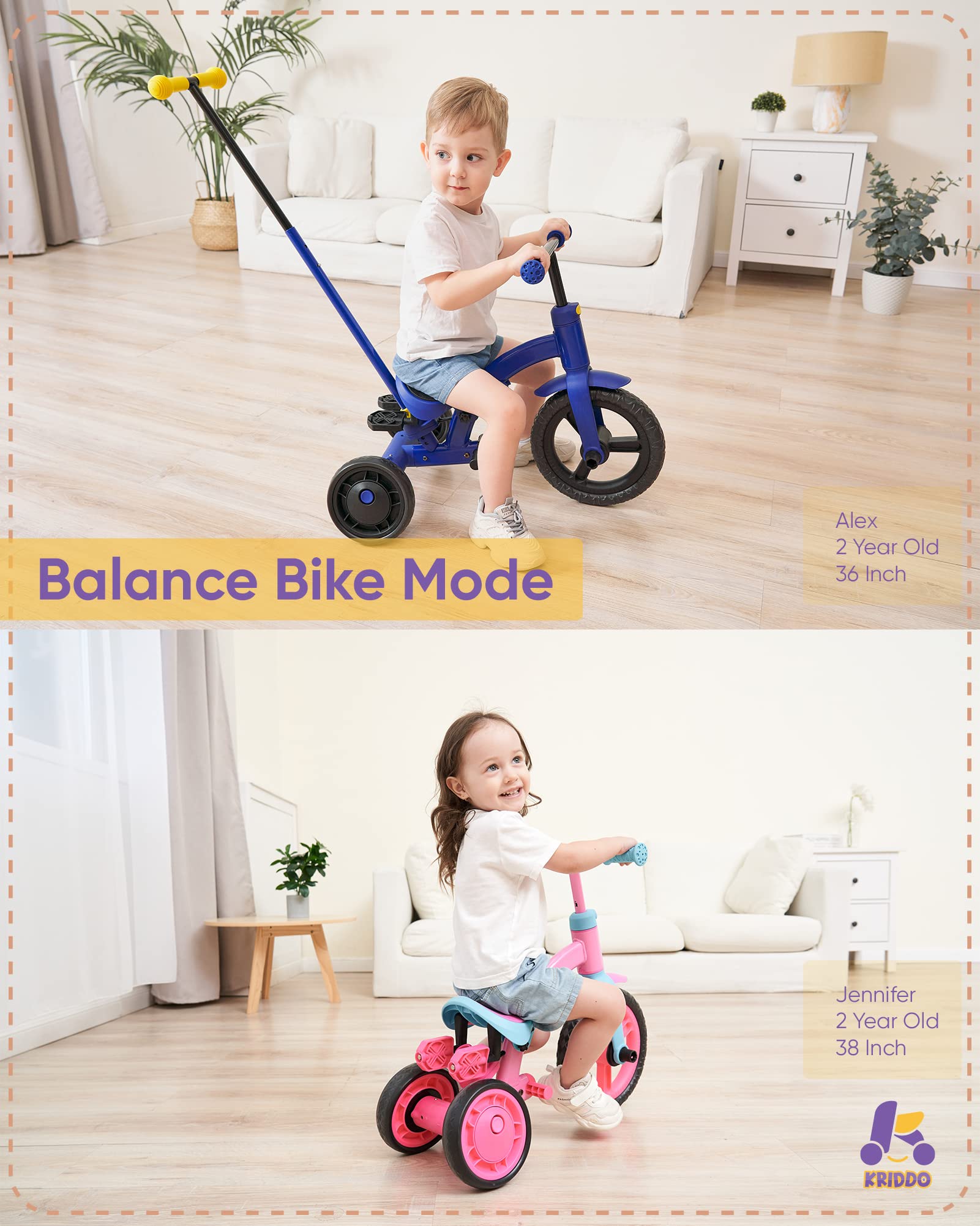 KRIDDO 4-in-1 Kids Tricycle for 1.5 to 3 Yea Old with Parent Steering Push Handle, 12 Inch Front Wheel Trike, Toddler Balance Bike for Boys Girls 18 Month to 3 Years, Adjustable Height, Blue