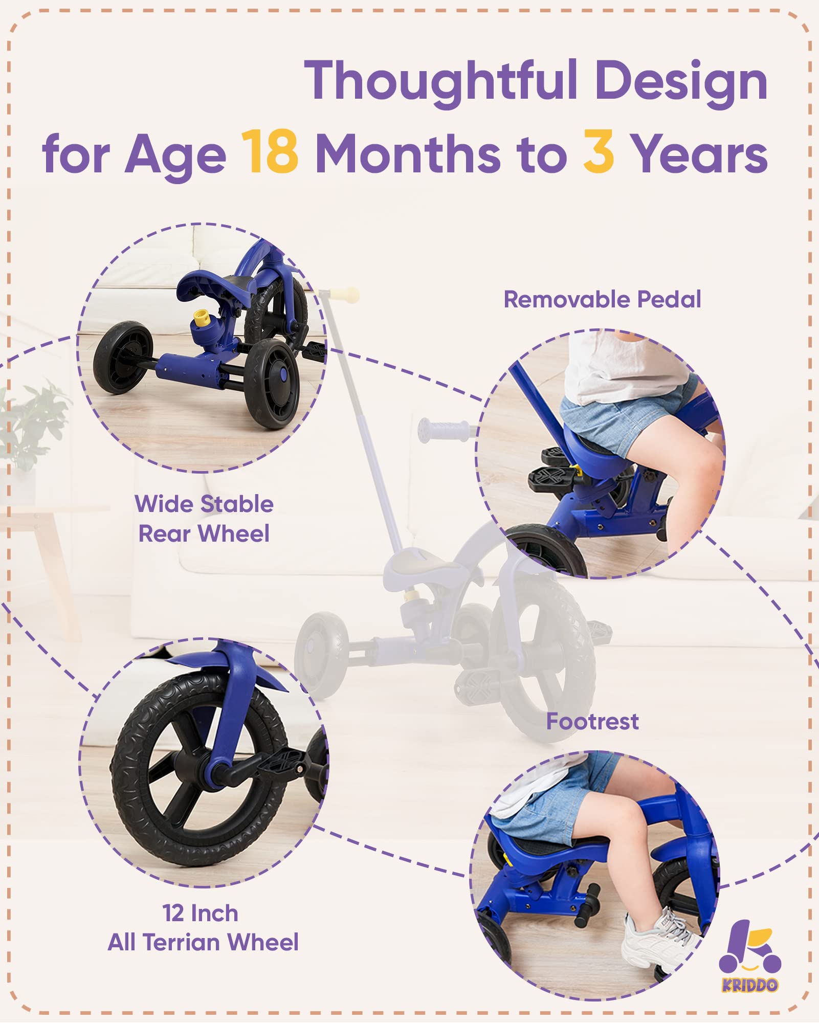 KRIDDO 4-in-1 Kids Tricycle for 1.5 to 3 Yea Old with Parent Steering Push Handle, 12 Inch Front Wheel Trike, Toddler Balance Bike for Boys Girls 18 Month to 3 Years, Adjustable Height, Blue