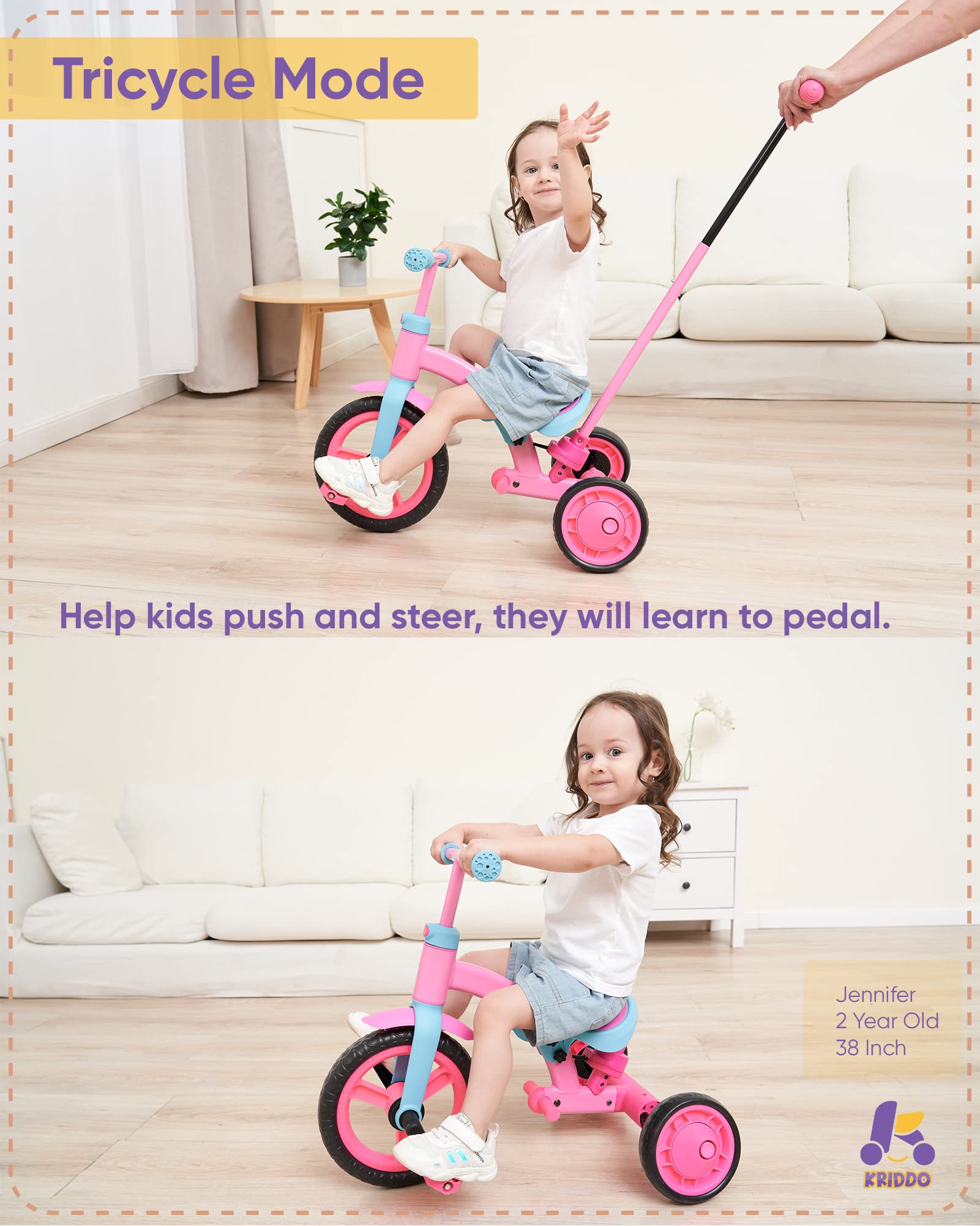 KRIDDO 4-in-1 Kids Tricycle for 1.5 to 3 Yea Old with Parent Steering Push Handle, 12 Inch Front Wheel Trike, Toddler Balance Bike for Boys Girls 18 Month to 3 Years, Adjustable Height, Pink