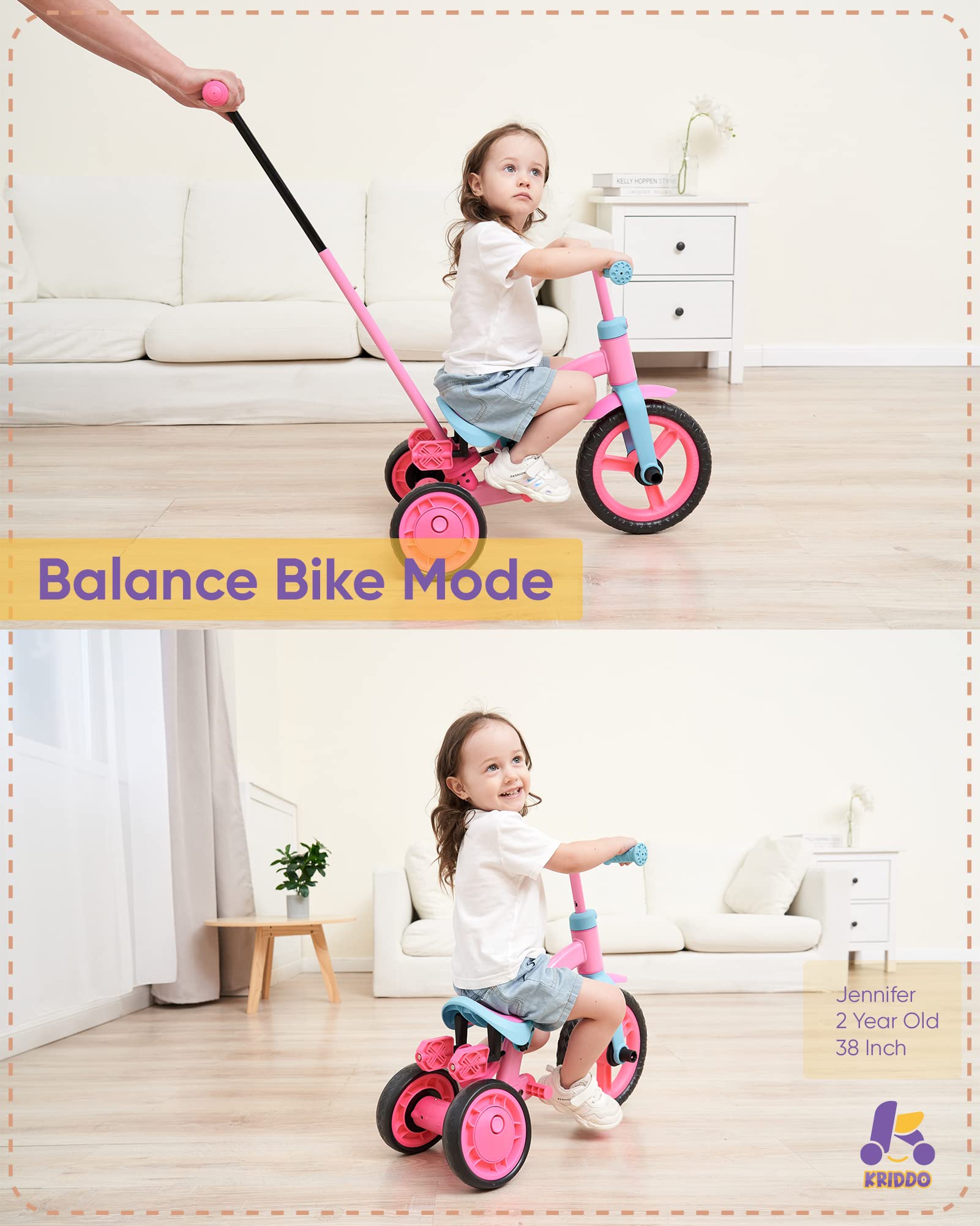 KRIDDO 4-in-1 Kids Tricycle for 1.5 to 3 Yea Old with Parent Steering Push Handle, 12 Inch Front Wheel Trike, Toddler Balance Bike for Boys Girls 18 Month to 3 Years, Adjustable Height, Pink