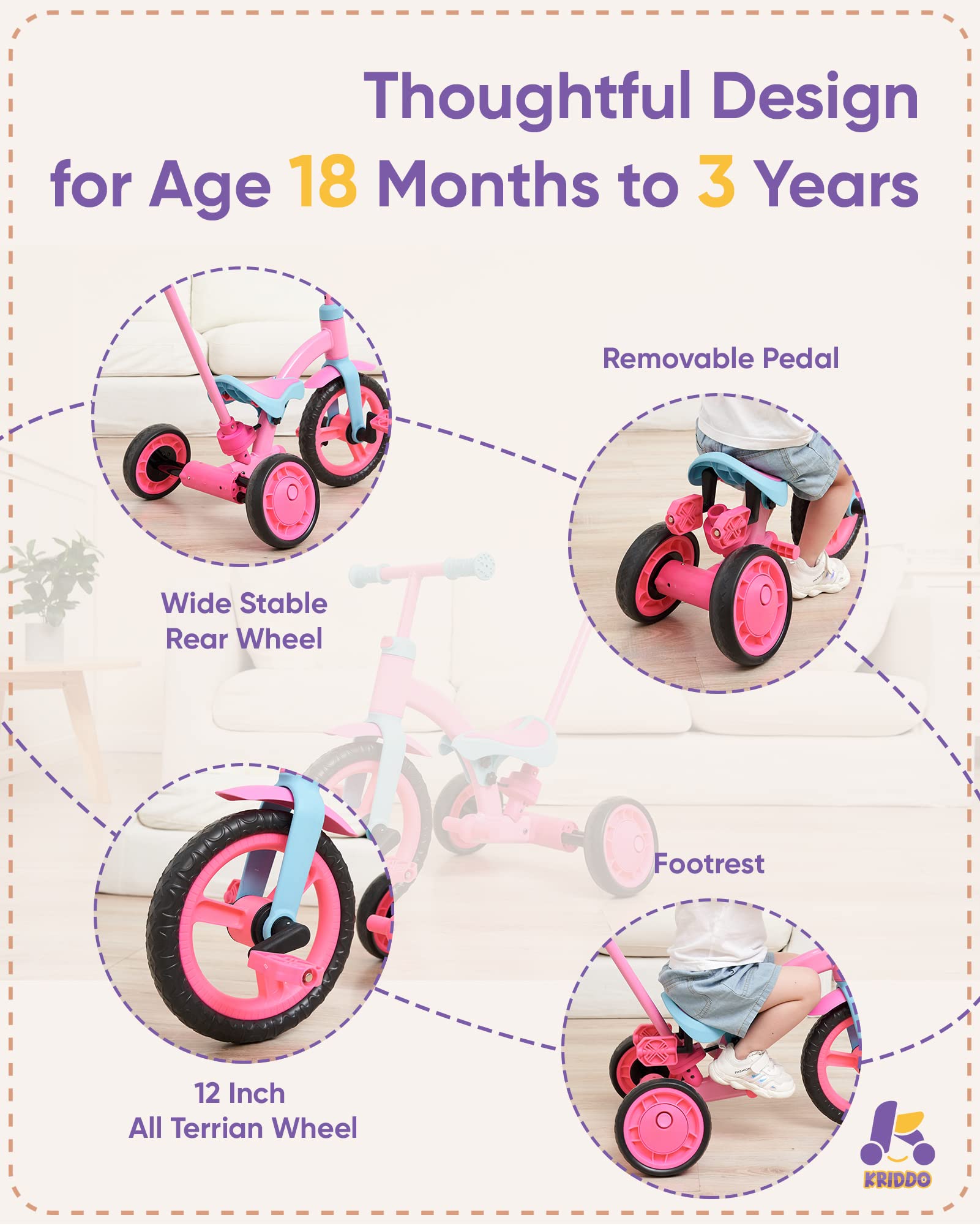 KRIDDO 4-in-1 Kids Tricycle for 1.5 to 3 Yea Old with Parent Steering Push Handle, Toddler Balance Bike, Adjustable, Pink