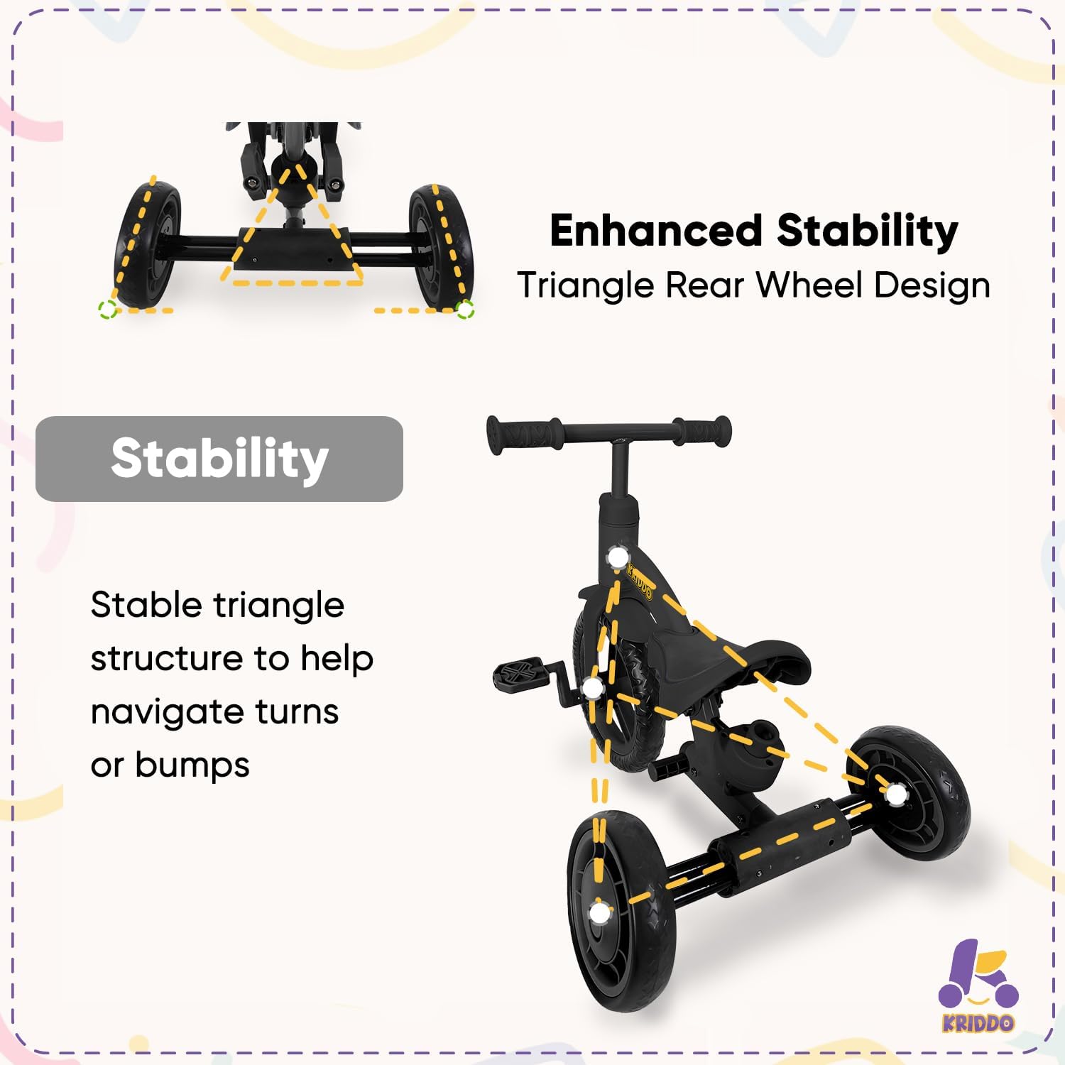 Kriddo Kids Tricycle for 1.5 to 3 Years Old Black 4-in-1