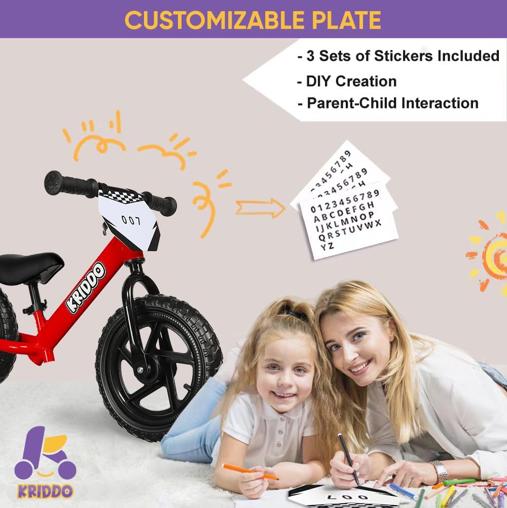 KRIDDO Toddler Balance Bike with Customize Plate for 18 Months to 3 Years Old Red