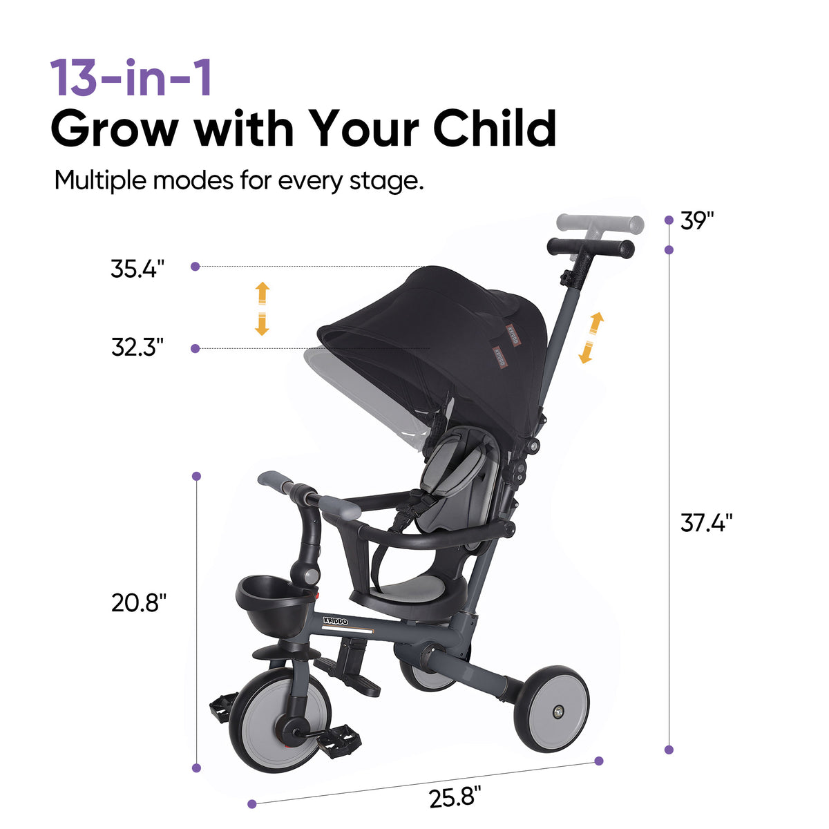 KRIDDO 13-in-1 grow-with-your-child stroller tricycle with a large canopy, seat and push handle.