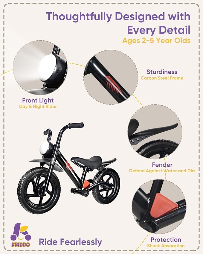 Kriddo Toddler Balance Bike with Front Light and Adjustable Seat for 2 to 5 Years Old Black