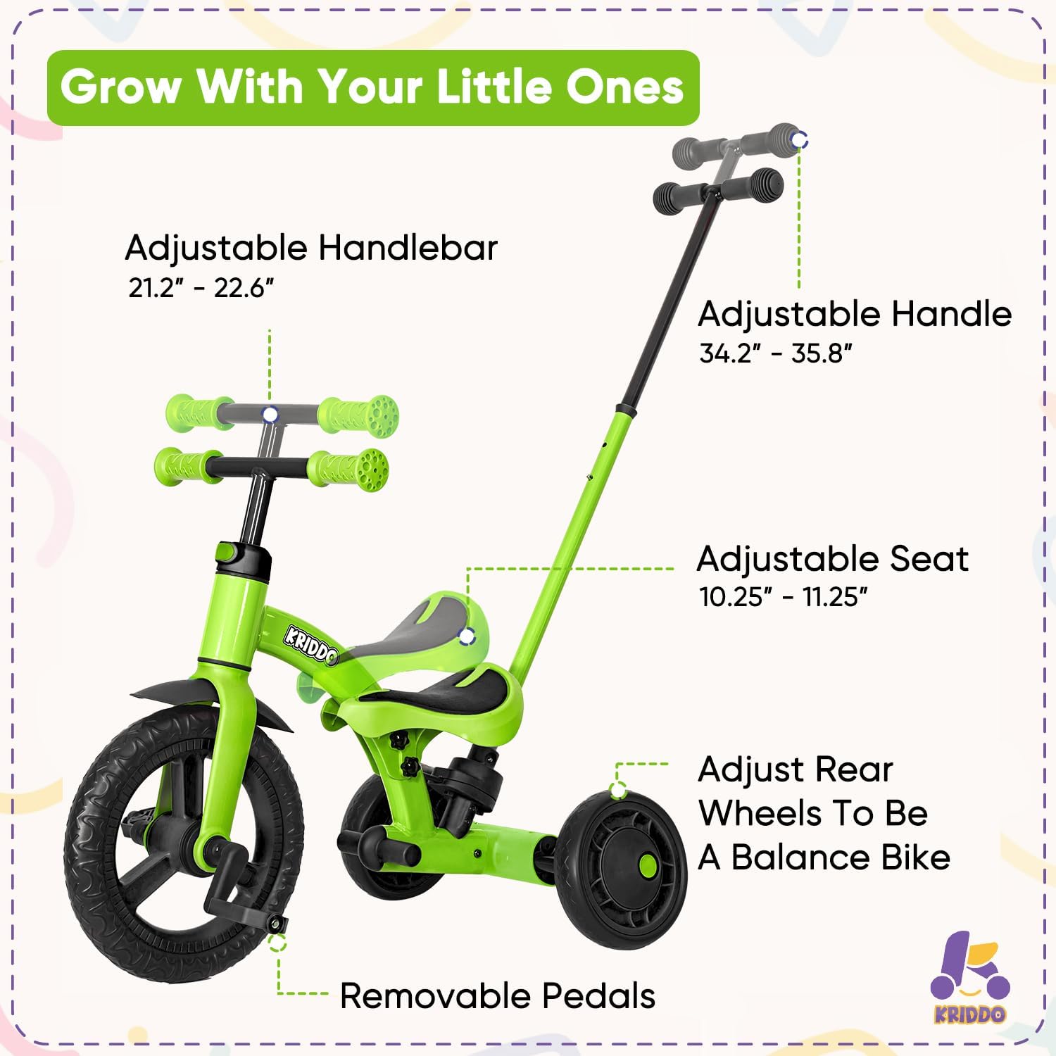 Kriddo Kids Tricycle for 1.5 to 3 Years Old Green 4-in-1