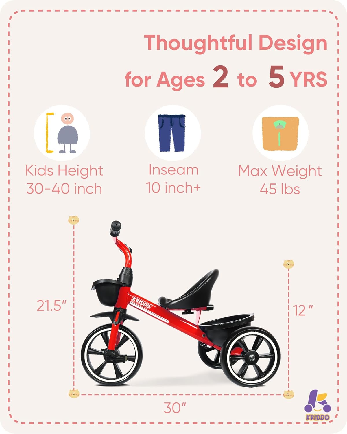 Kriddo Kids Tricycle for 2 to 5 Years Old Red