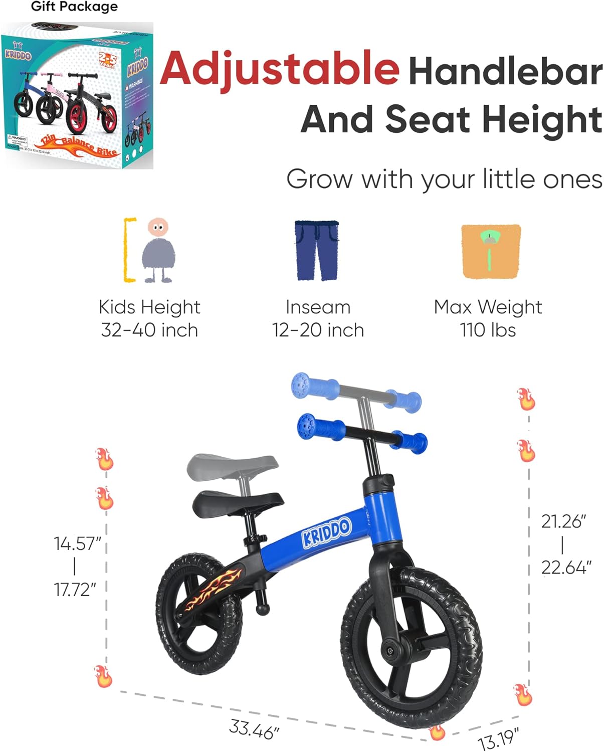 Kriddo Interactive Toddler Balance Bike for 18 Months to 5 Years Old Blue