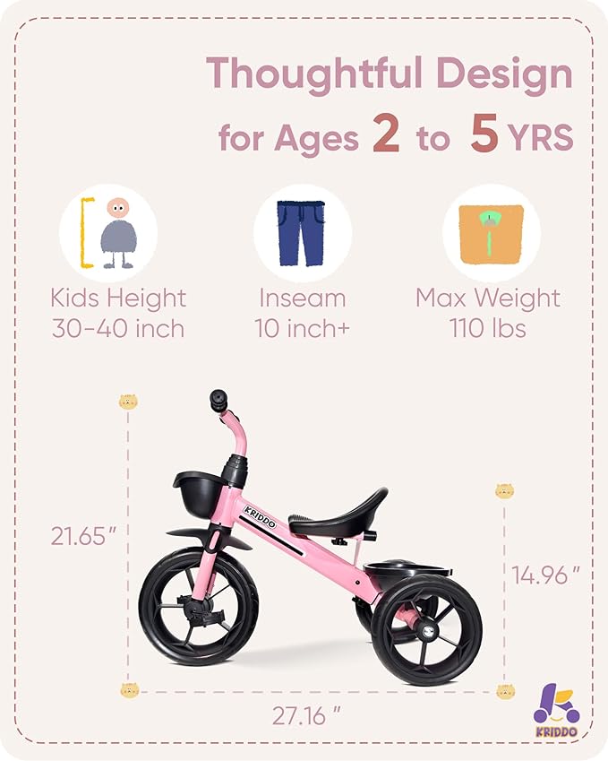 Kriddo Kids Tricycle with Fixed Training Wheels for 2 to 4 Years Old Pink