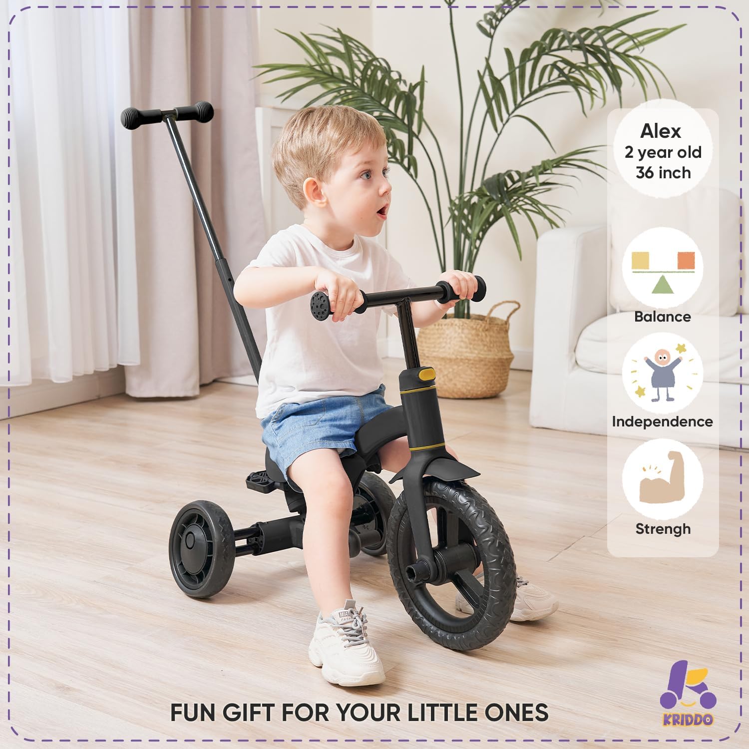 Kriddo Kids Tricycle for 1.5 to 3 Years Old Black 4-in-1