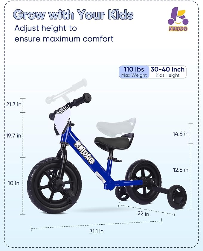 Kriddo Toddler Balance Bike with Removable Training Wheels for 18 Months to 5 Years Old Blue