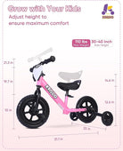 Kriddo Toddler Balance Bike with Removable Training Wheels for 18 Months to 5 Years Old Pink