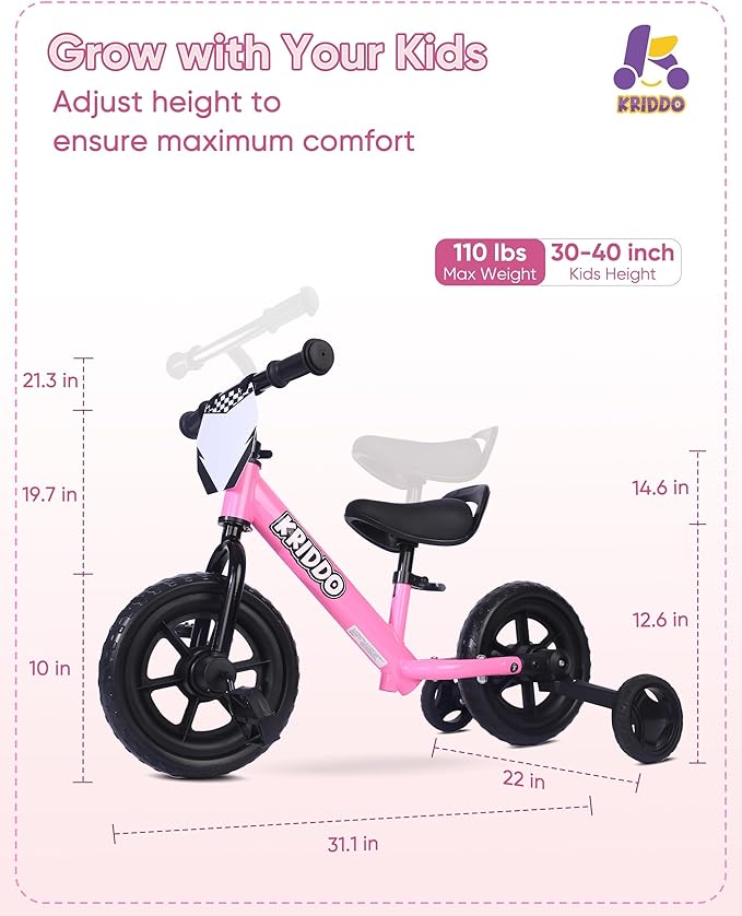 Kriddo Toddler Balance Bike with Removable Training Wheels for 18 Months to 5 Years Old Pink