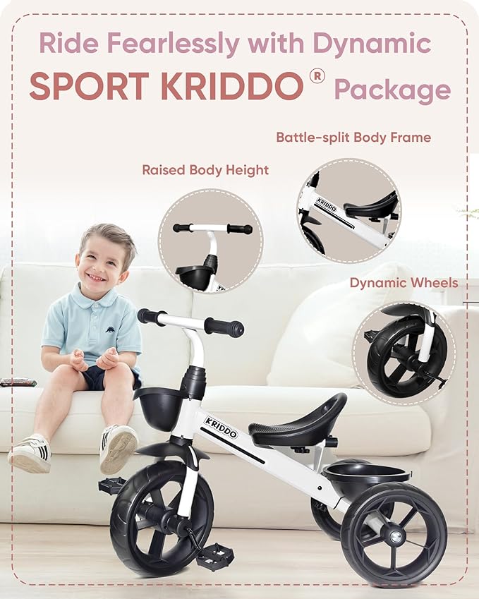 Kriddo Kids Tricycle with Fixed Training Wheels for 2 to 4 Years Old White