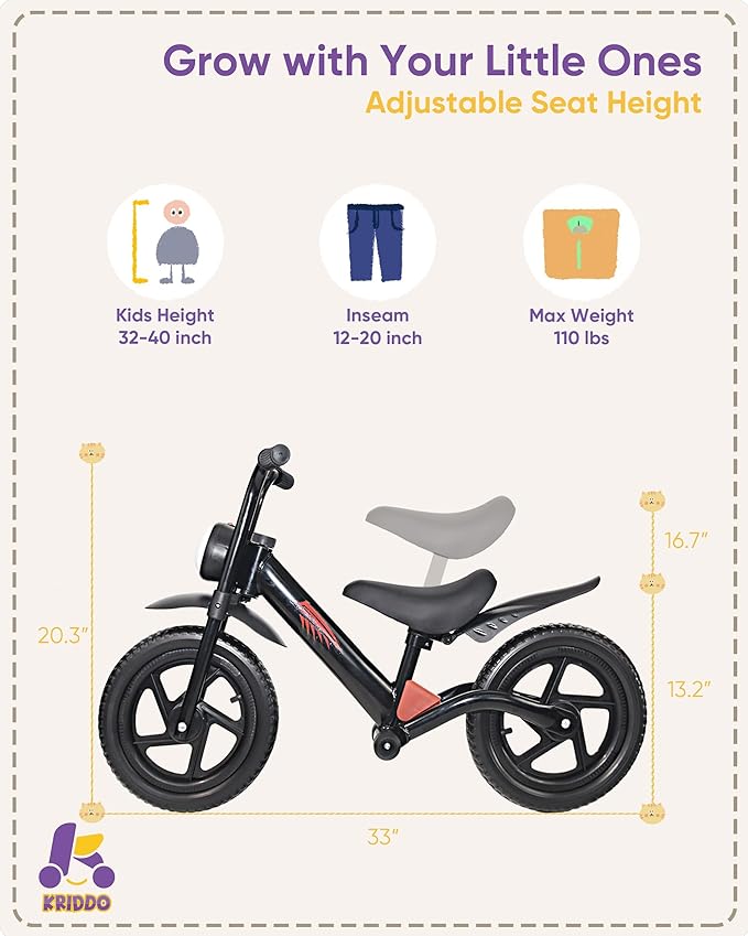 Kriddo Toddler Balance Bike with Front Light and Adjustable Seat for 2 to 5 Years Old Black