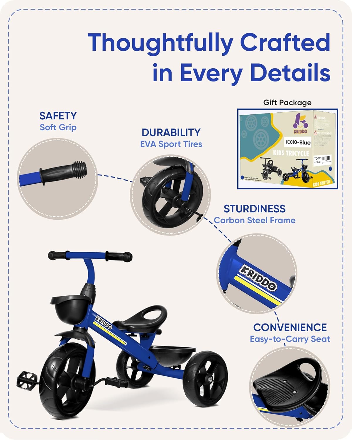 Kriddo Kids Tricycle with Fixed Training Wheels for 2 to 4 Years Old Blue