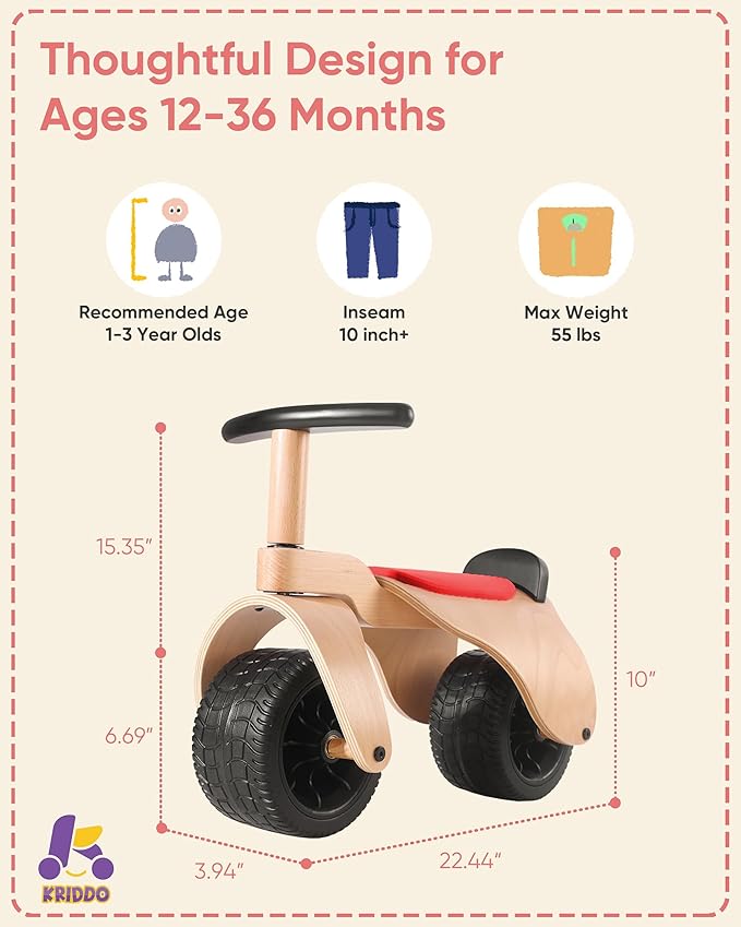 KRIDDO Baby Vintage Balance Bike Wood Frame for 1 To 3 Years Old Red