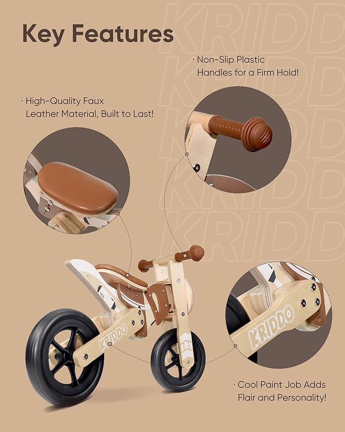 Kriddo Toddler Balance Bike with Wood Frame for 18 Months to 3 Years Old Wooden