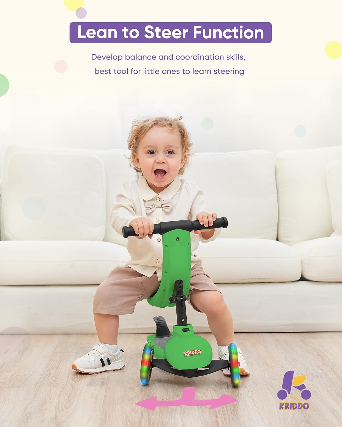 KRIDDO Kids Scooters with Removable Seat for 1 to 5 Years Old Green 3-in-1