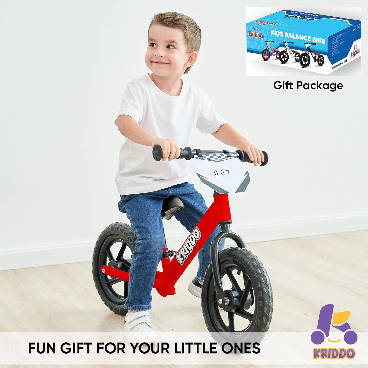 KRIDDO Toddler Balance Bike with Customize Plate for 18 Months to 3 Years Old Red