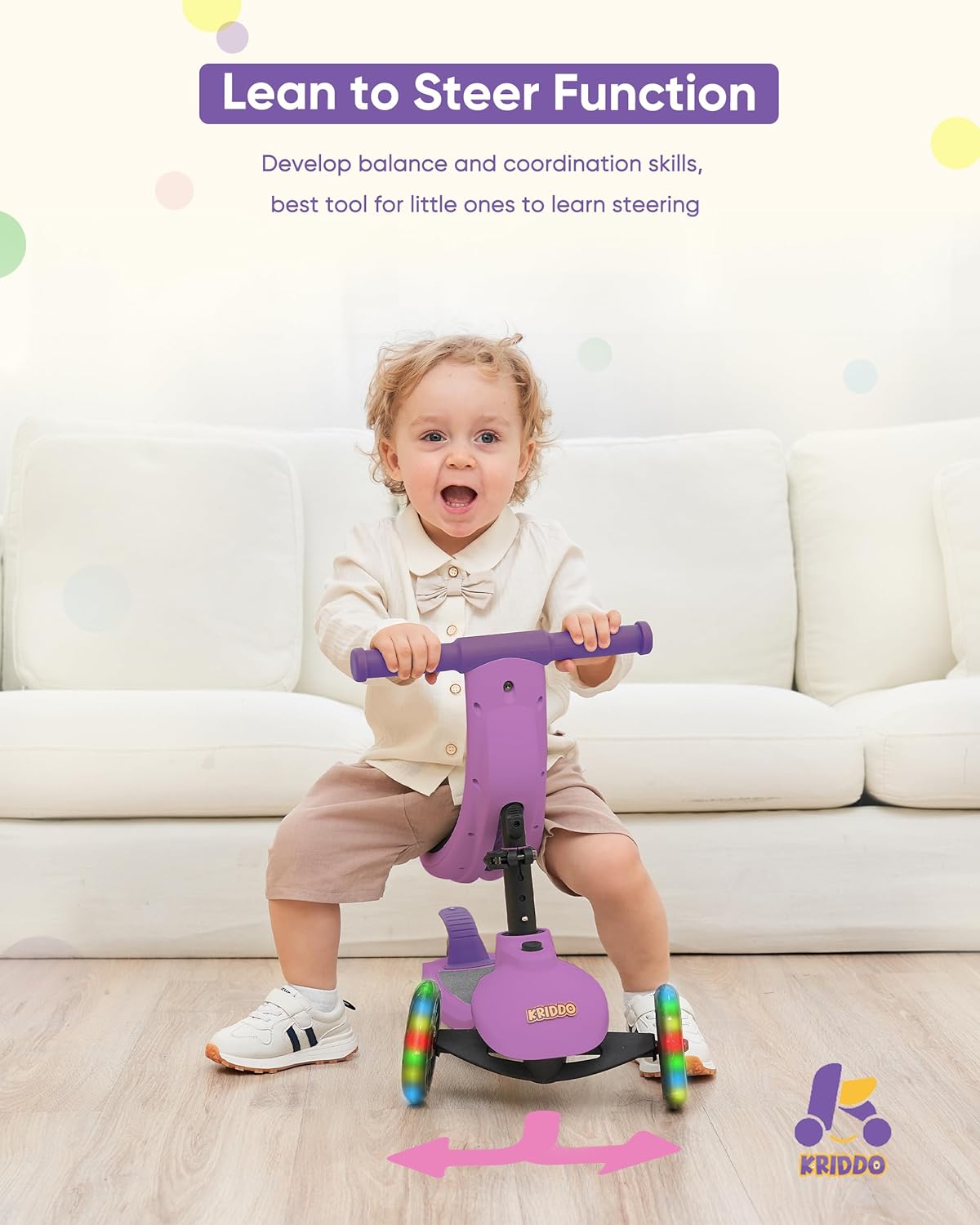 KRIDDO Kids Scooters with Removable Seat for 1 to 5 Years Old Purple 3-in-1