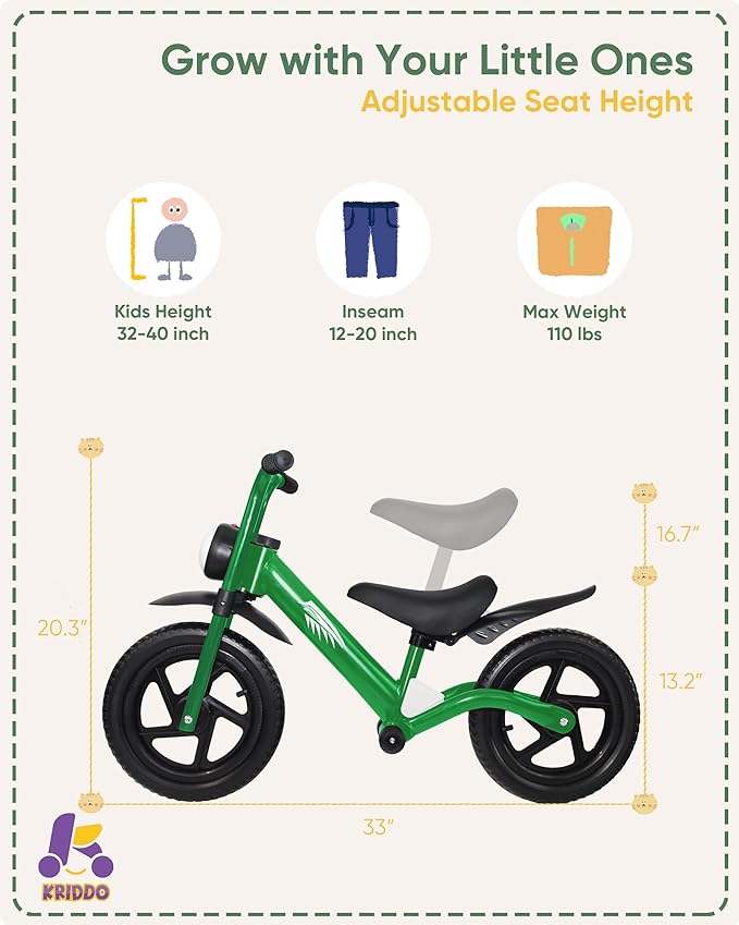 Kriddo Toddler Balance Bike with Front Light and Adjustable Seat for 2 to 5 Years Old Green