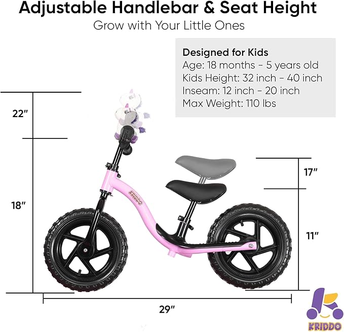 Kriddo Toddler Balance Bike with Stuffed Animal for 18 Months to 4 Years Old Purple