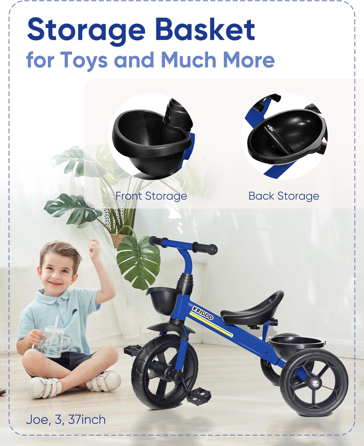 Kriddo Kids Tricycle with Fixed Training Wheels for 2 to 4 Years Old Blue