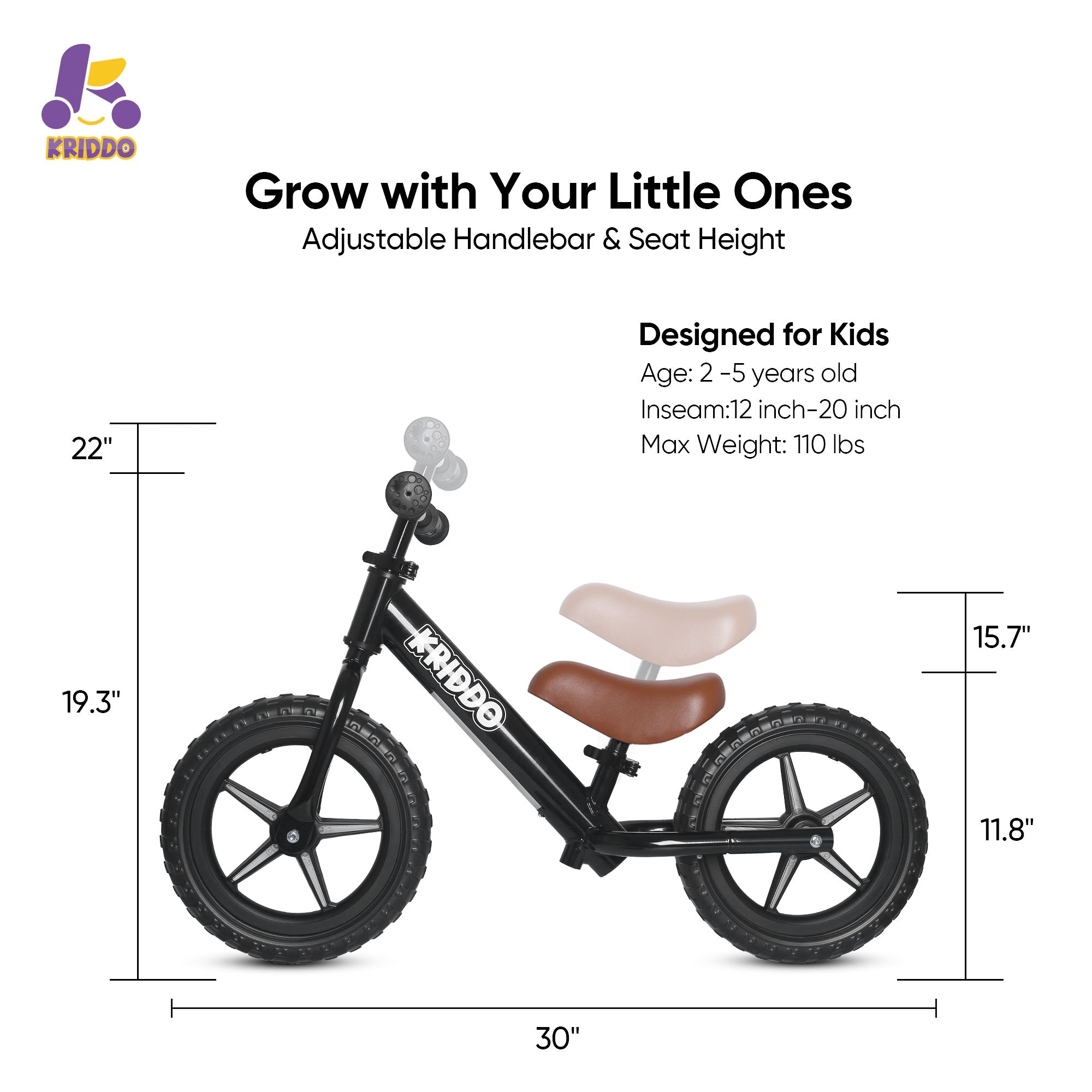 Children's balance bike with adjustable handlebar and seat height