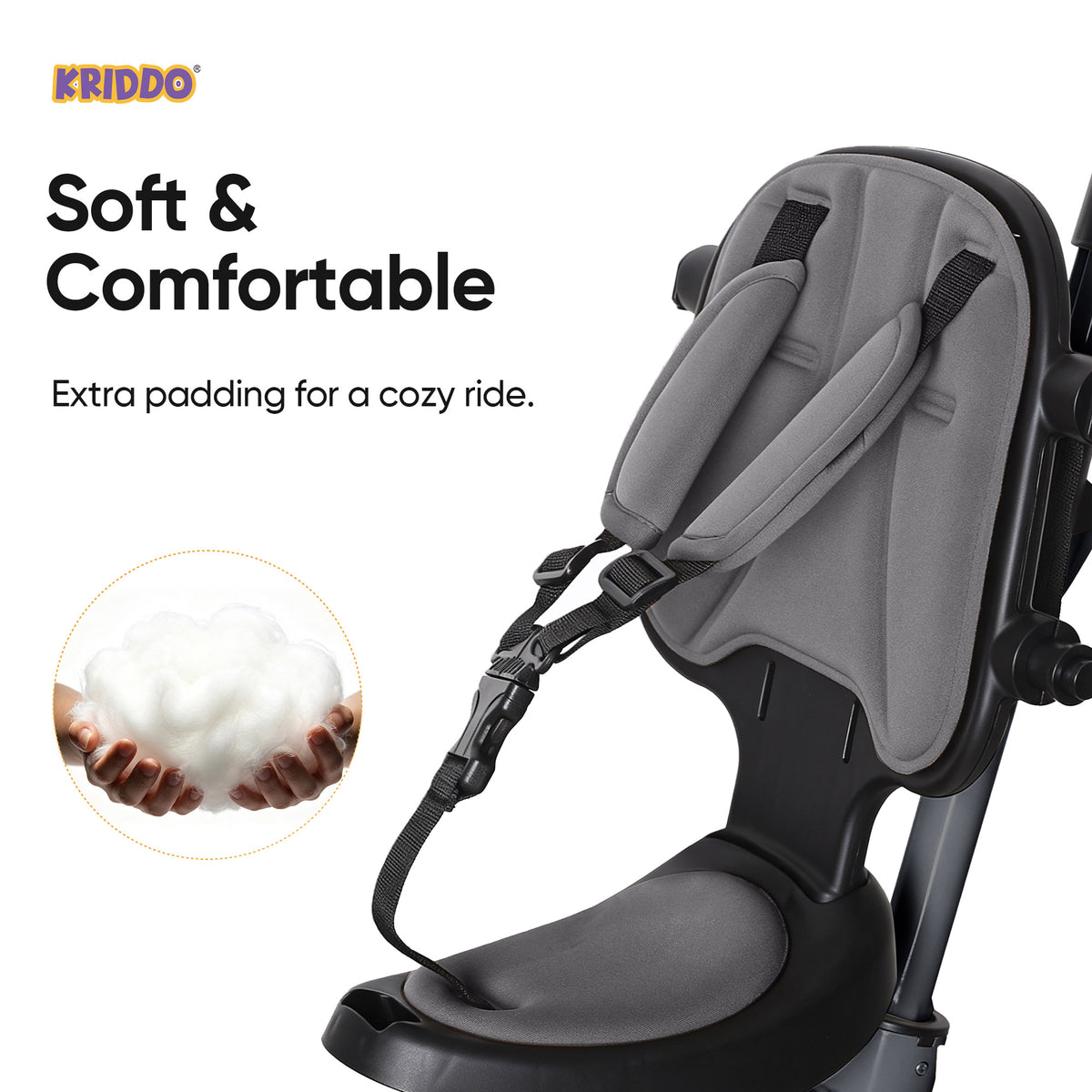 A KRIDDO child seat with a padded gray and black seat cushion and harness straps
