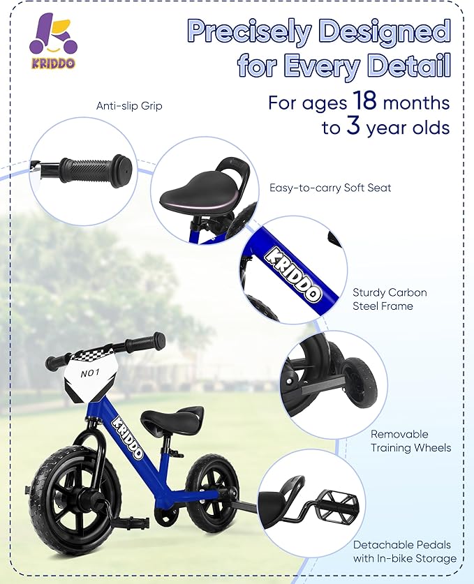 Kriddo Toddler Balance Bike with Removable Training Wheels for 18 Months to 5 Years Old Blue