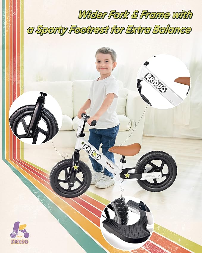 KRIDDO Kids Balance Bike for 2 to 5 Years Old with DIY Colorful Stickers White