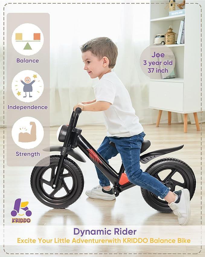 Kriddo Toddler Balance Bike with Front Light and Adjustable Seat for 2 to 5 Years Old Black